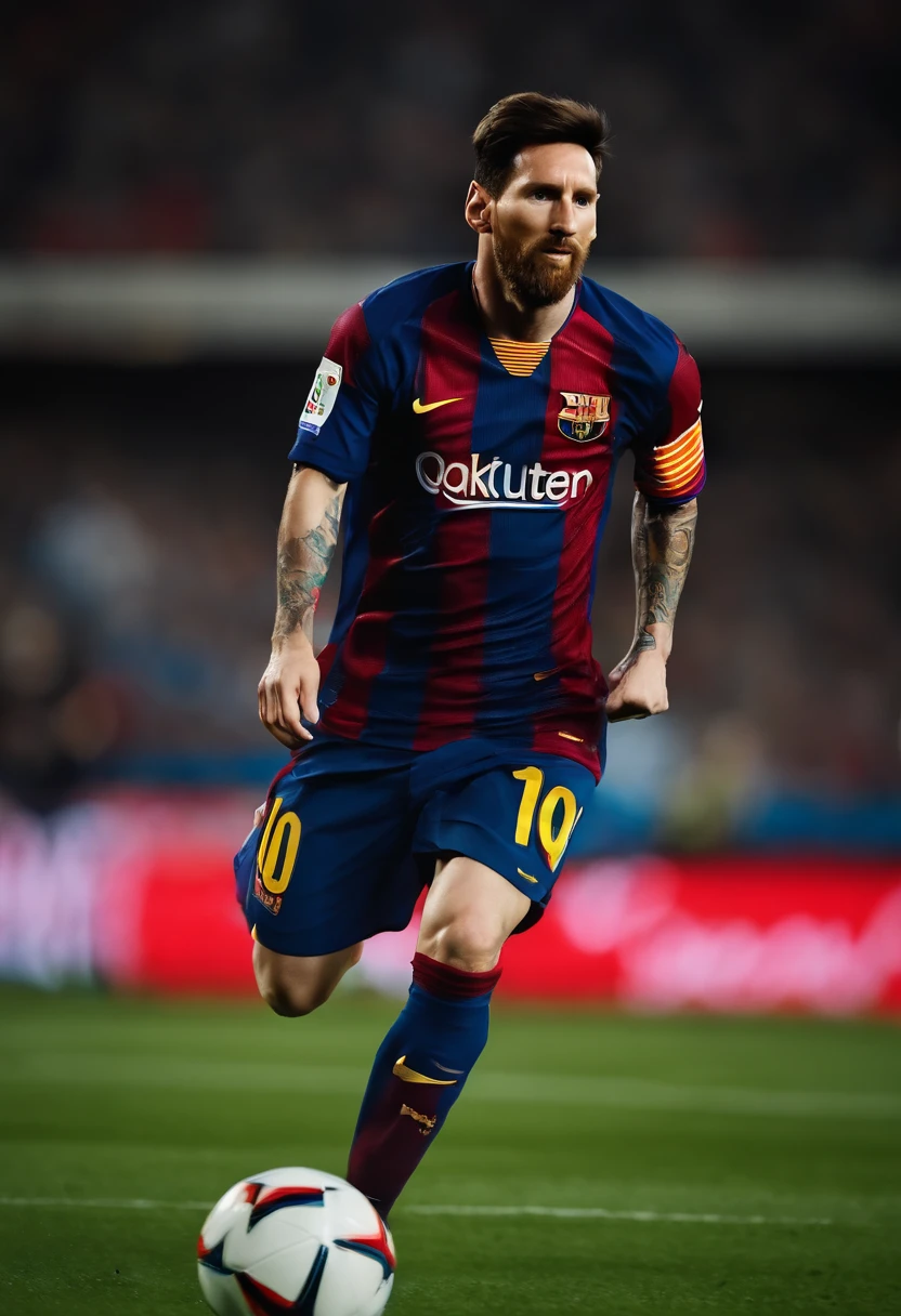 imagem hiper-realista de Lionel Messi em uma pose de frente, olhando para frente, wearing the red shirt of America. with all the details of facial expression, do cabelo, das texturas da camisa e da pele, as well as realistic lighting that highlights its characteristic features. transmit all the intensity and determination that Messi shows on the pitch, making it an authentic and impressive representation of this icon of world football extreme realism in interview position
