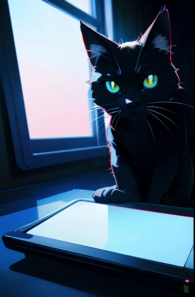 Black cat hitting laptop in dark room,Eyes glowing blue,study