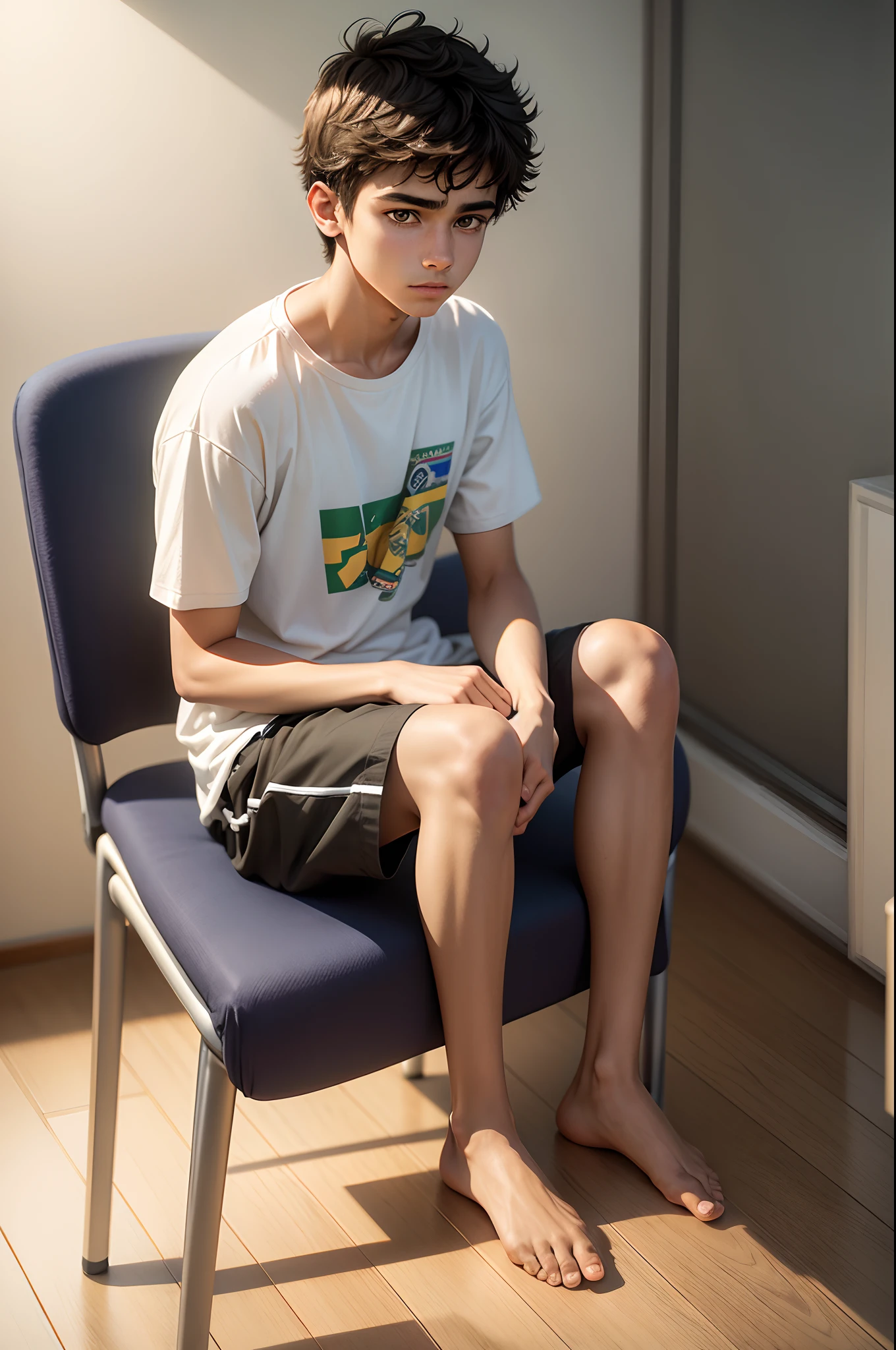 realistic image in 8k of a 16 year old teenage boy, Brazilian features, dressed in simple clothes, sitting on a chair in a simple room with white walls, very sad