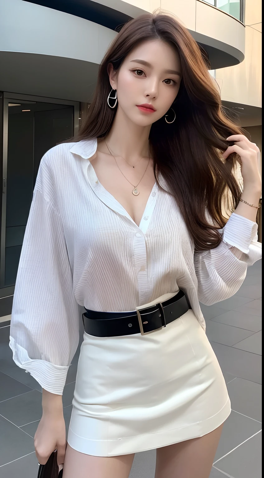 (Best quality, High resolution, Masterpiece :1.3), A tall and pretty woman, Slender abs, Dark brown hair styled in loose waves, Breasts, Wearing pendant, White button up shirt, Belt, Black skirt, (Modern architecture in background), Details exquisitely rendered in the face and skin texture, Detailed eyes, Double eyelid