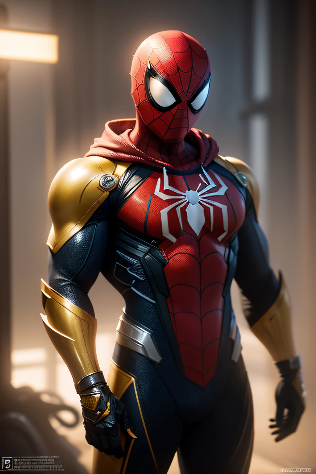 Spider-Man wearing pure yellow titanium armor, Egg-yellow suit, hdr, hyper HD, 6.40,000, highly detailed, professional photoshooting:Sergio Nogueira, trending on artstationh, unreal-engine, Vivid colors, High-resolution scanning,cinmatic lighting + 35mm, photography of + bokeh + lens flare glow + filmgrain, aesthetics,natural soft light,Blender and Photoshop,The trend is at ArtStation, iolibt, vfx,concept-art,(Color top contrast ratio1.2),Highest high resolution,(Saturation 1.3),، simple,ultra - detailed,Detailed drawing,vectorised,contours,profesional lighting,hyper HD,(Photorealsitic:1.4),RAW photography,Perfect eyes,8k,32k,In a duel with a villain