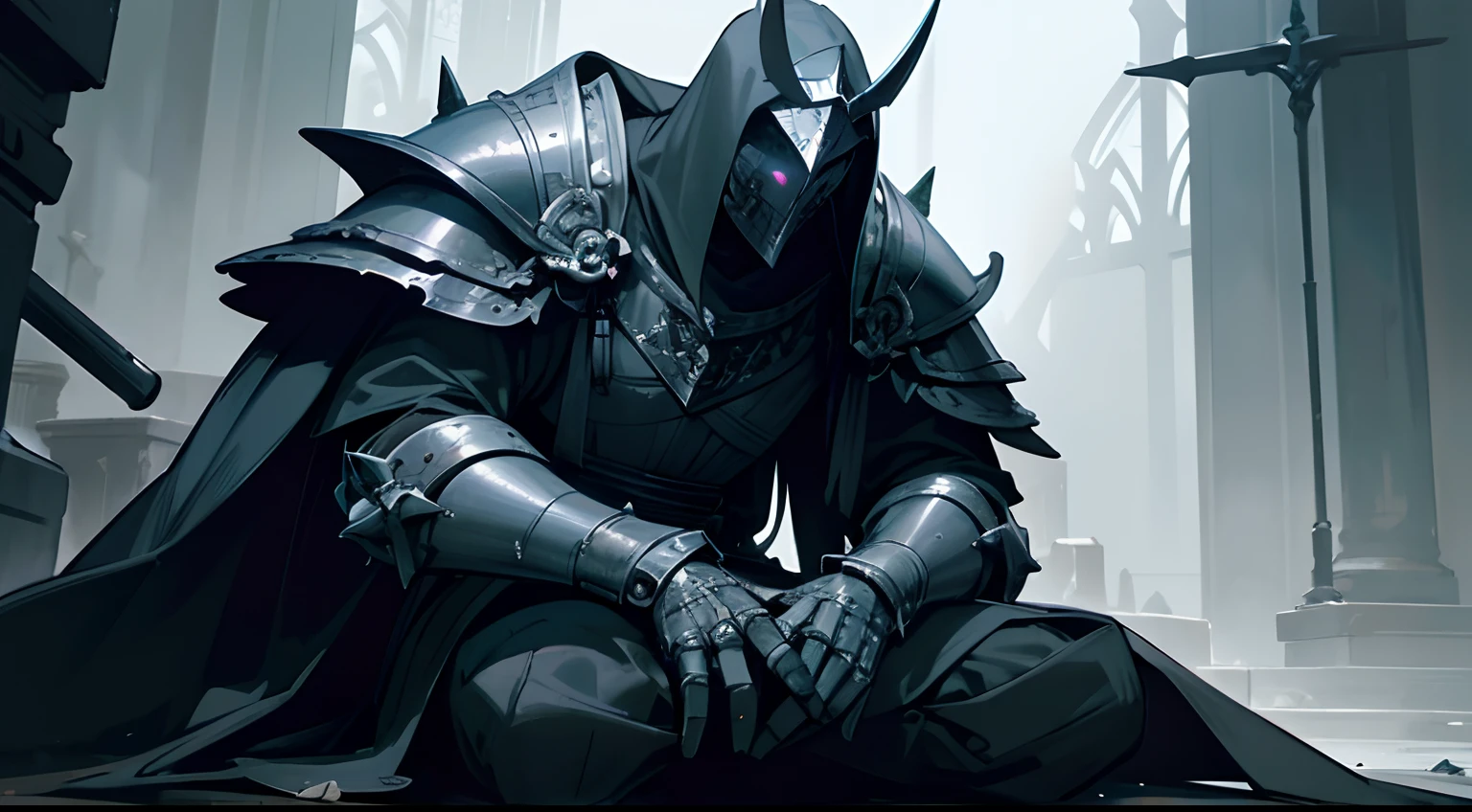 Masterpiece, best quality, detailed, trending on artstation, 1man, knight, deathknight, oathbreaker, dark, full plated, great helm, spiked pauldrons, skull chestplate, silvery details on armor, belts, greaves, leather leggings, corrupted greatsword, praying, on knees, destroyed church, dim ambiance, ambiance light, night