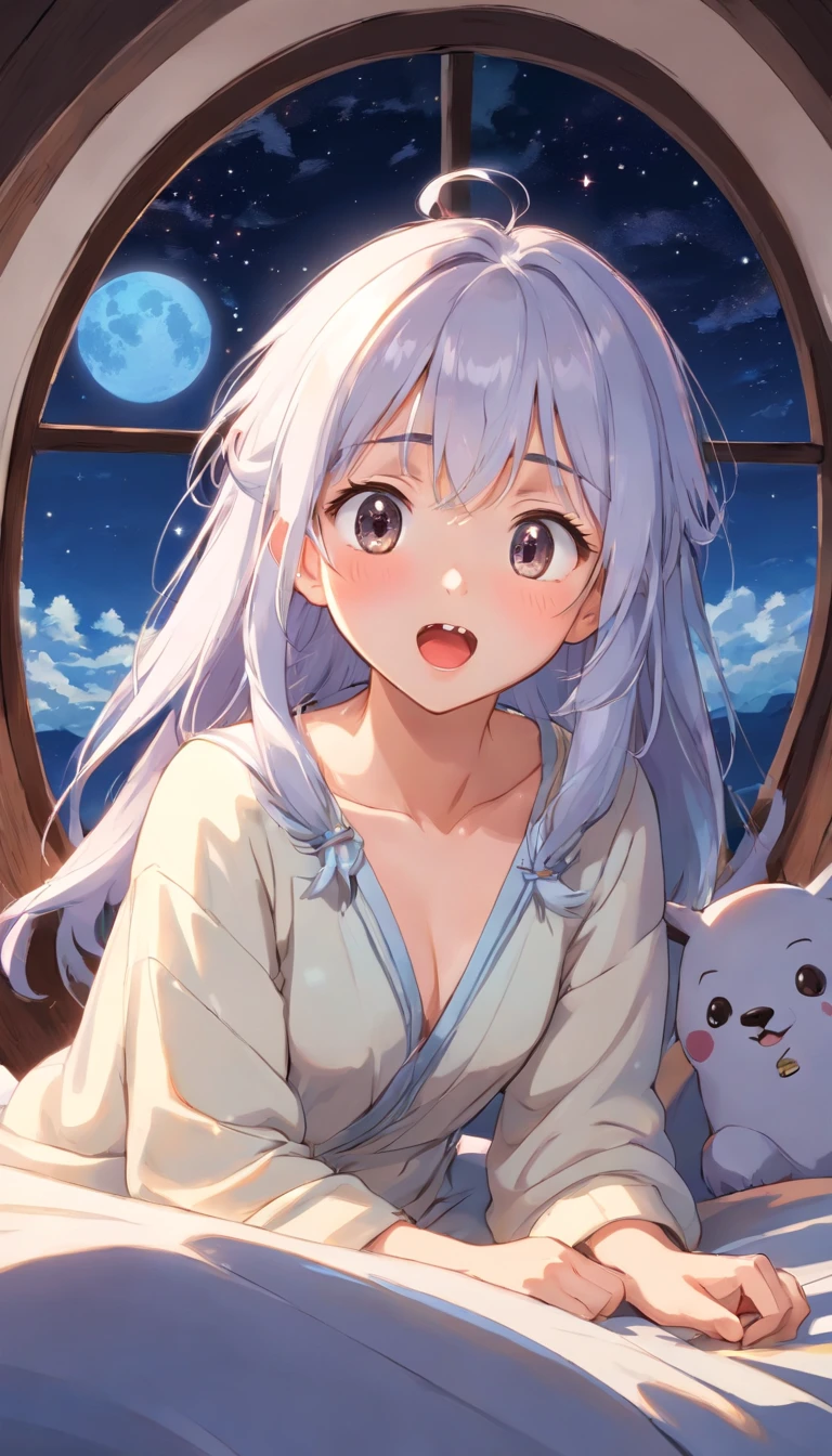 Original Character, Volumetric Lighting, Best Shadows, Shallow Depth of Field, Portrait Of Stunningly Beautiful Girl, Petite, Delicate Beautiful Attractive Face With Alluring Black Eyes, Half Closed Eyes, Thick Eyebrows, Yawning, Open Mouth, Cute Fangs, Lovely Small Breasts, Layered Medium White Hair, Blush Eyeshadow, Thick Eyelashes, Kigurumi Animal Pajamas, In The Dreamy Attic Bedroom, Sitting On Comfortable Bed, With Animal Pillows, Lovely Duvet Cover, Under The Circular Round Window, Fantastic Night Sky of Through Window, Moonlight, Milky Way, Starburst, (Highest Quality, Amazing Details:1.25), (Solo:1.3), Brilliant Colorful Paintings