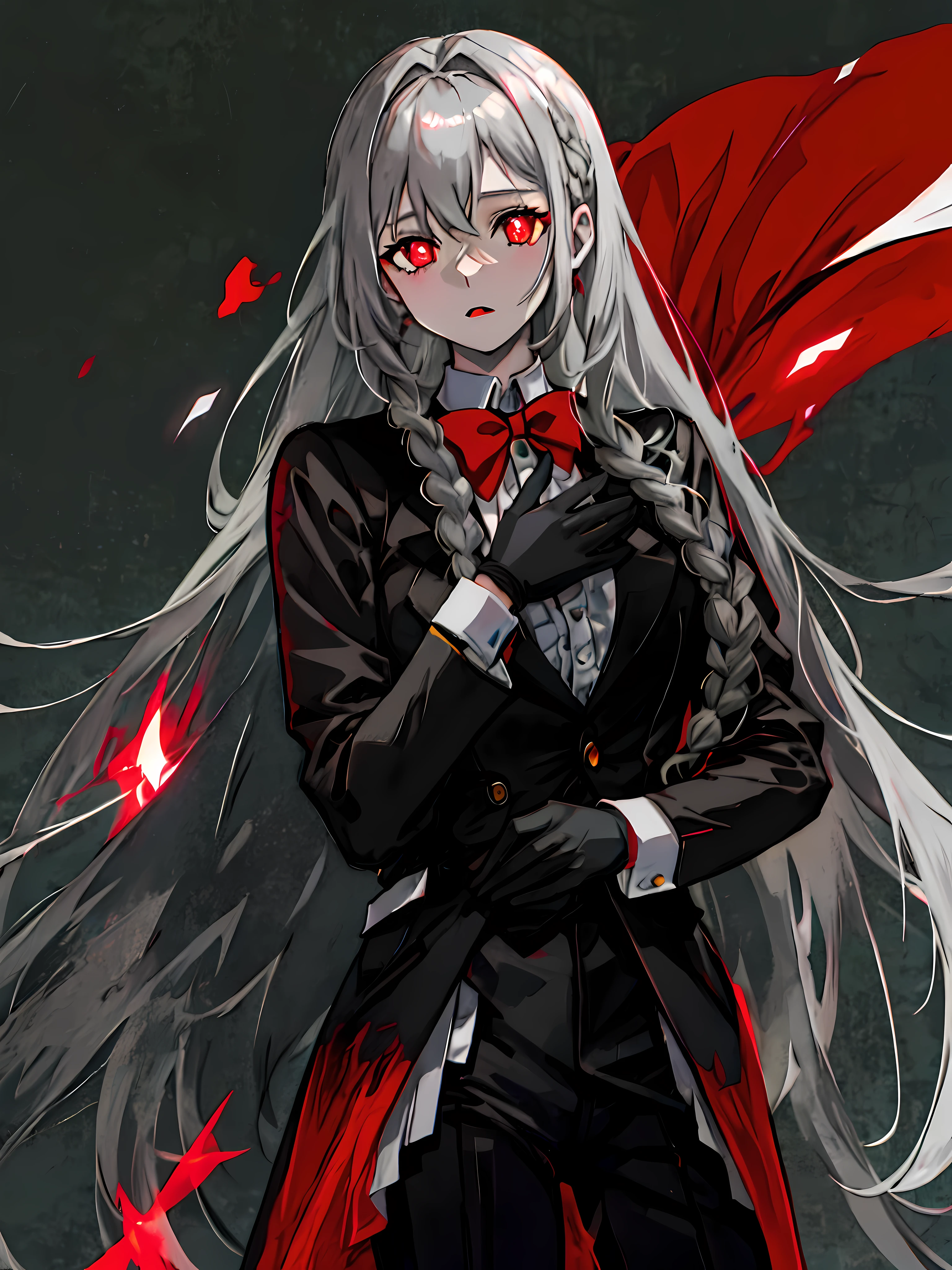 A girl in her 20s, with flowing faded gray hair that barely reaches her shoulders, except for a pair of braids that reach almost to her chest. She wears a formal suit reminiscent of a male butler, with a black jacket and red bow, along with black pants with a gray sash. She wears gray colored gloves and her skin is completely pale white. His eyes are completely black except for his pupils that glow deep red. Anime style, Wlop, Dark Fantasy. Character desing. renaissance clothes. Detailed.