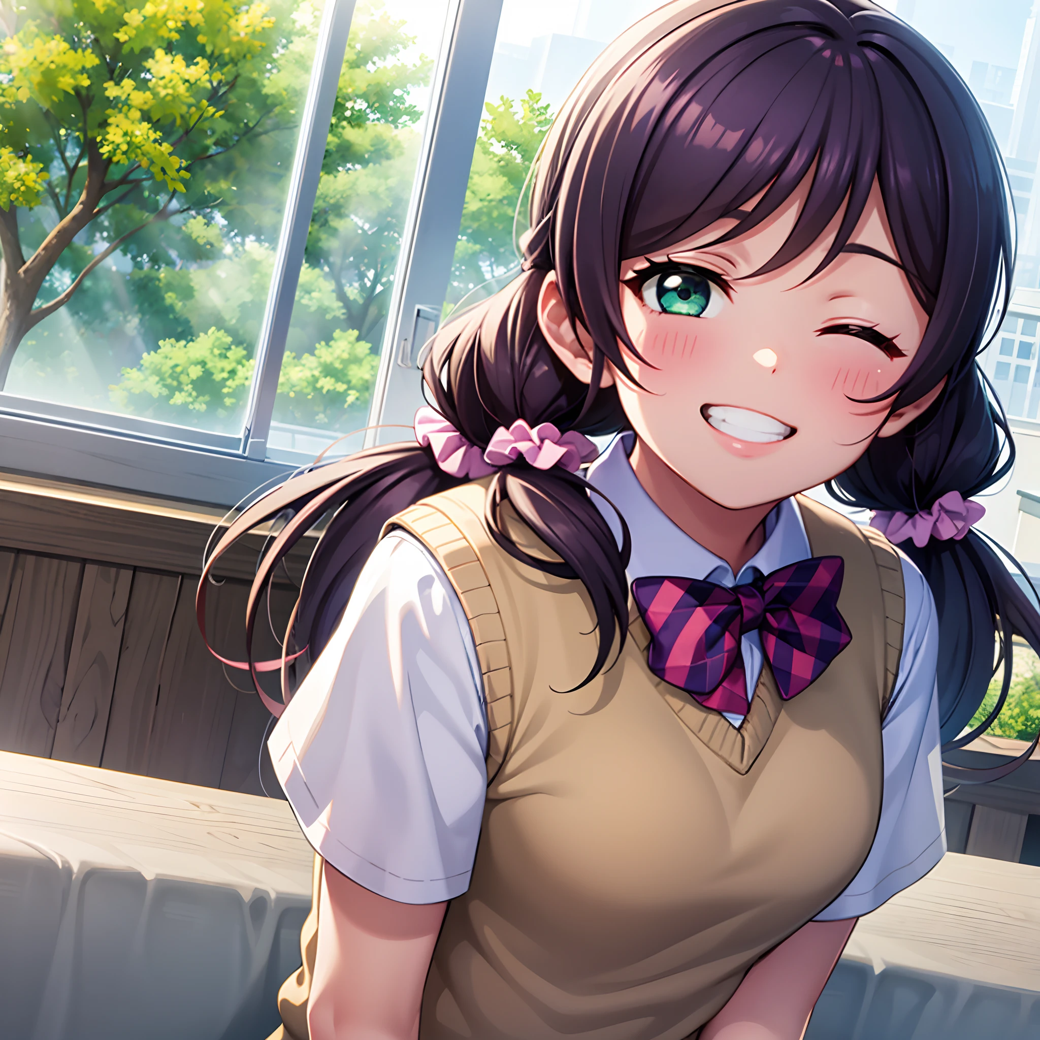 (masterpiece, best quality, ultra-detailed), (illustration), (beautiful detailed eyes), (1girl), (solo), toujou nozomi, green eyes, long hair, low twintails, scrunchie, long hair, looking at viewer, smile, bow, twintails, school uniform, green eyes, upper body, purple hair, short sleeves, one eye closed, grin, window, low twintails, scrunchie, sweater vest, summer uniform, otonokizaka school uniform, pink scrunchie