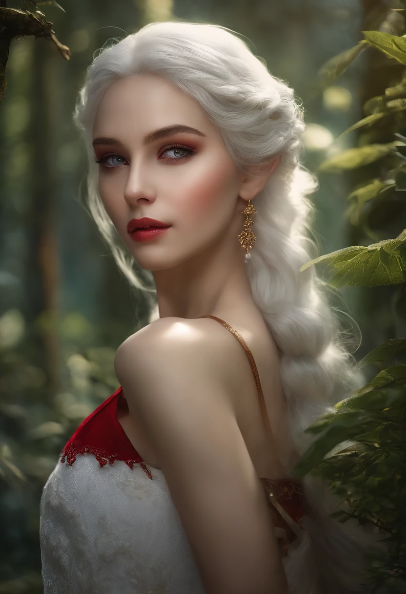 best quality,ultra-detailed,(realistic:1.37),portrait,elf girl,white hair,red clothes,revealing outfit,detailed eyes,detailed lips,fantasy style,enchanted forest,lush greenery,magical atmosphere,soft lighting,vibrant colors,ethereal beauty,graceful pose,sharp focus,whimsical,quite attractive and seductive。