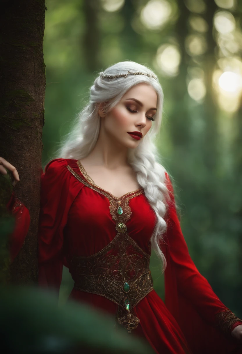 best quality,ultra-detailed,(realistic:1.37),portrait,elf girl,white hair,red clothes,revealing outfit,detailed eyes,detailed lips,fantasy style,enchanted forest,lush greenery,magical atmosphere,soft lighting,vibrant colors,ethereal beauty,graceful pose,sharp focus,whimsical,quite attractive and seductive。