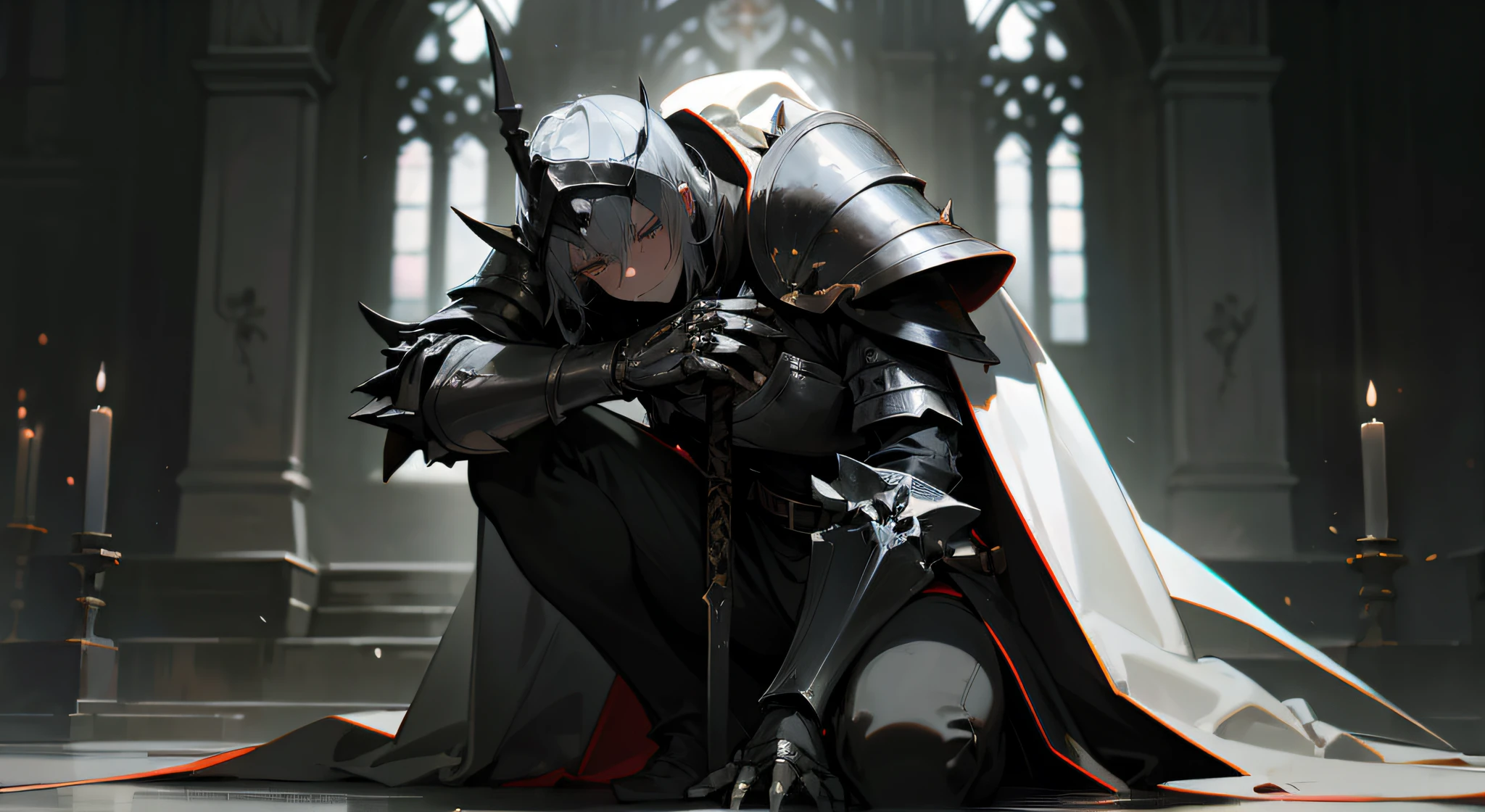 Masterpiece, best quality, detailed, trending on artstation, 1man, knight, deathknight, oathbreaker, white hair, crying, tears sparkling, blushing, full plated, great helm, spiked pauldrons, skull chestplate, silvery details on armor, belts, greaves, leather leggings, corrupted greatsword, praying, on knees, destroyed church, dim ambiance, ambiance light, night