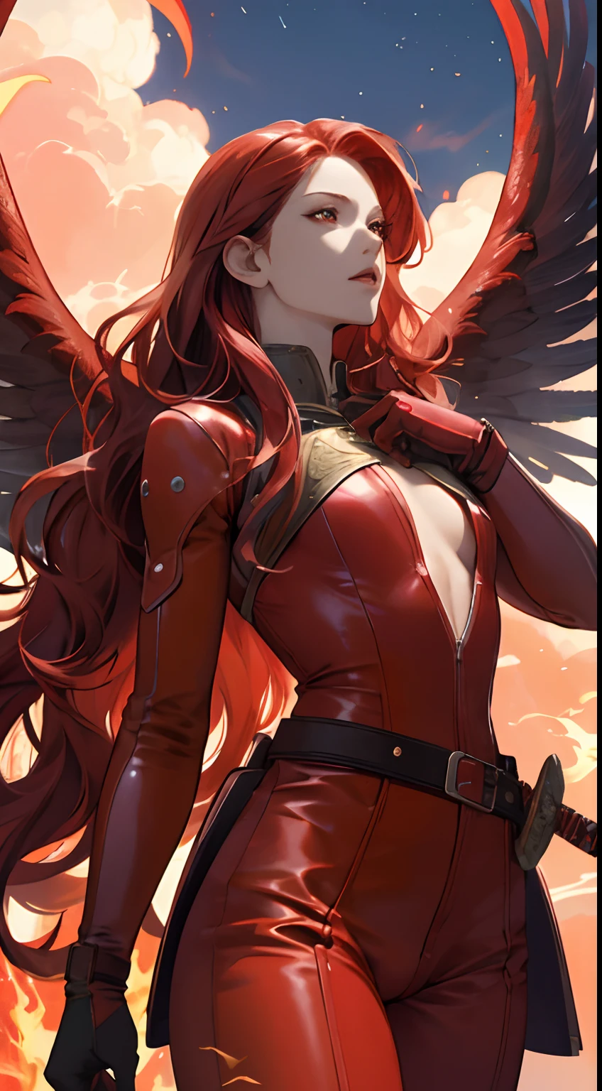 a cool,20th generation female,long red wavy hair,Red leather,body suit,gloves,Mystical decoration,a belt,breastsout,up chest,realistic illustration,loimu,Big Flaming Wings,multiple wings,angelicales,Cover the sky,Wings of Flame,Fantastic decoration,full bodyesbian,look up sky,Reach for the sky,It's like flying in the sky,Expressed throughout the body(Effect Effects),Fantasia,Big sword,Beyond your height,Hold your sword,The sword,Fiery Red Sword,Deities々Right,fight,Beautuful Women