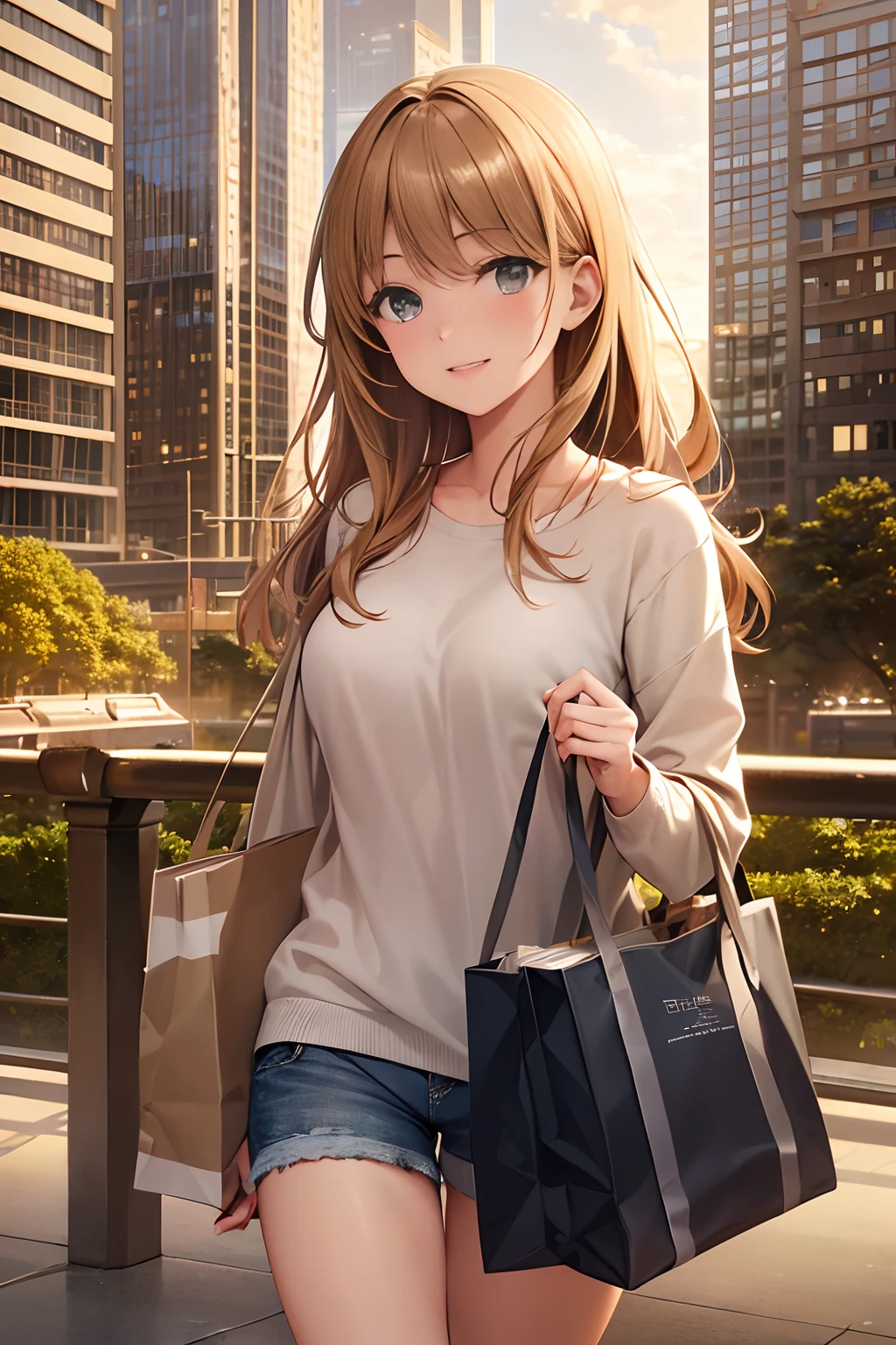 (best quality,4k,8k,highres,masterpiece:1.2),ultra-detailed,(realistic,photorealistic,photo-realistic:1.37),faniture magazine cover:1.4,happy laughter,1 girl,beautiful eyes,cute blushing face,flannel jacket and checkered shorts,walking,holding a bouquet,knee-high socks,yellow dresser,carrying a shopping bag,reading a fashion magazine,background of skyscrapers,stylish sepia tone,soft light streaming in,