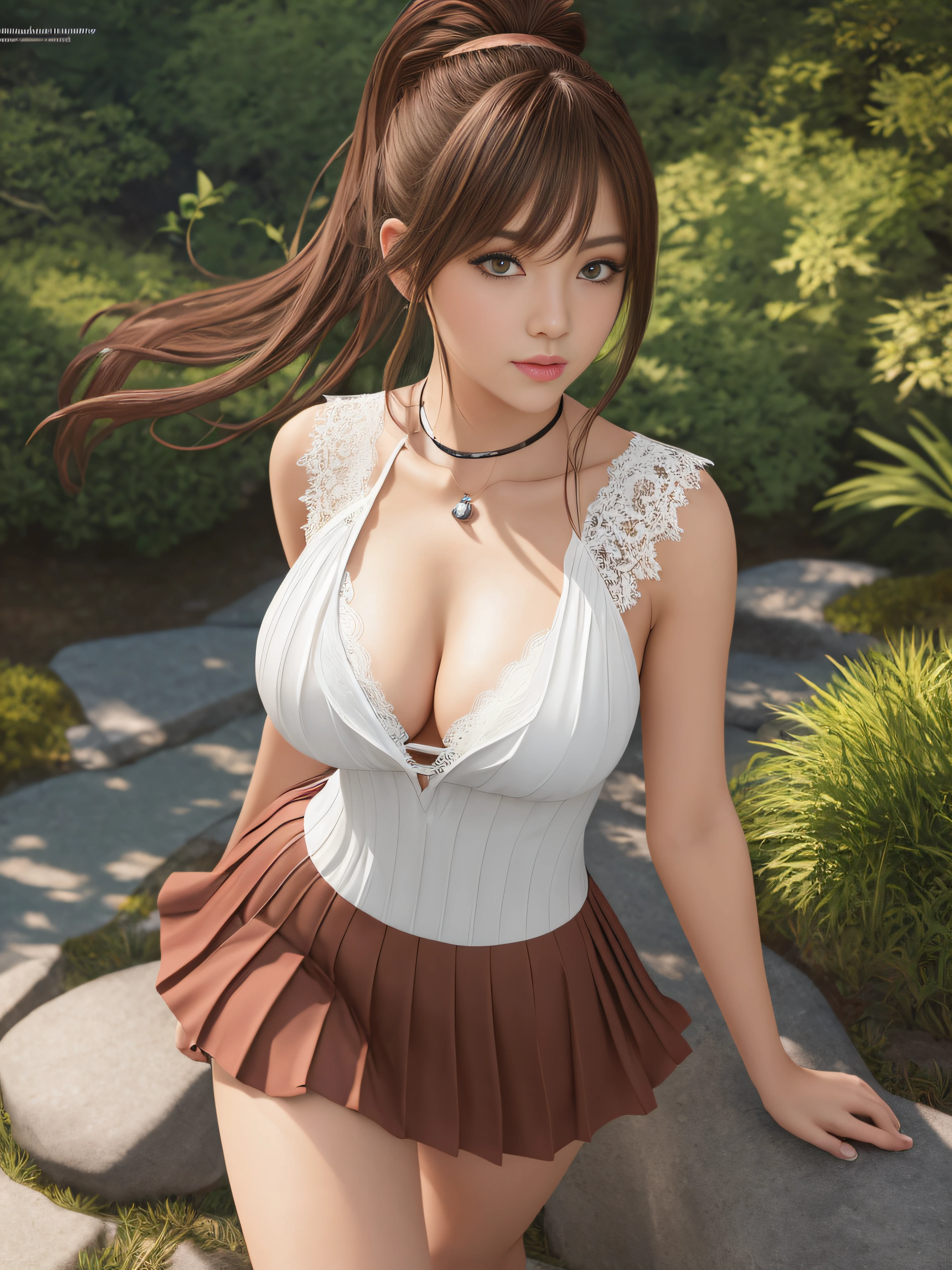 on a park, a young female magazine model, (wearing a short dress with pleats, neckline and lace), sexi and serious look, long light brown hair tied in a ponytail, perfect green eyes and white skin, with a perfect hourglass-shaped body. big chest, beautiful gradient, Full body, Beautiful anime style girl, clean detailed facesKawaii, anime girl, dynamic pose, massive chest, full body, Uhd digital painting, hyperdetailed triadic colors, unreal engine, fantastical, intricate detail, complementary colors, fantasy concept art, 8k resolution, deviantart masterpiece, oil painting, heavy strokes, dynamic light source, (perfect high detailed hands, perfect high detailed fingers, beautiful face, high detailed perfect eyes, perfect detailed beautiful full body),