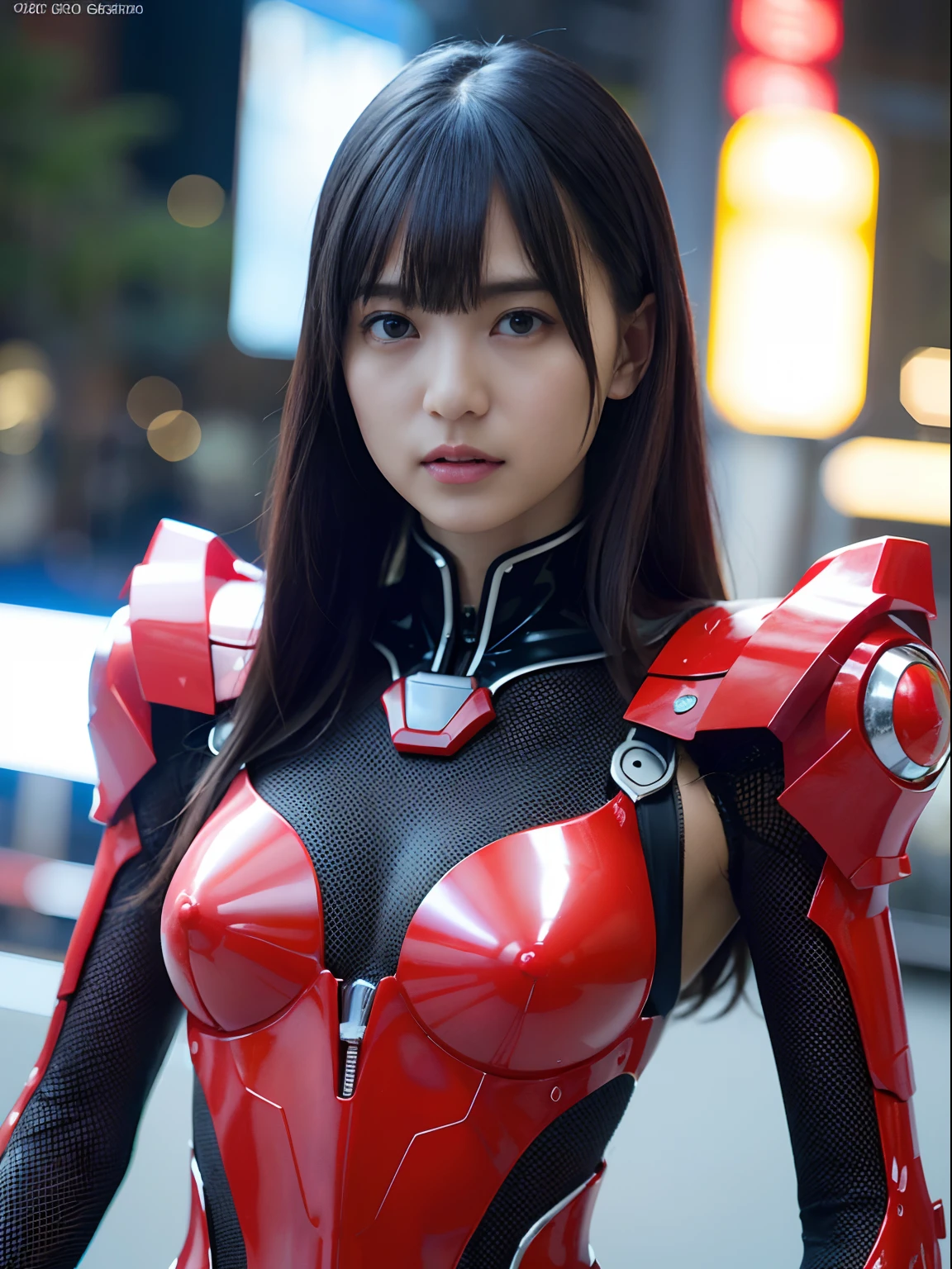 (Fighting mechanical robot soldiers)、top-quality、masterpiece、ultra high resolution、(Photorealsitic:1.4)、Raw photo、1girl、Black hair、glowy skin、((1 Mechanical Girl, obvious boudy line, obvious nipple line))、((super realistic details))、portlate、(Small LED lamp)、Wire tubes that glow all over the body、globalillumination、Shadow、octan render、8K、Armpit、ultrasharp、Colossal tits、Small LED lamp、Raw skin is exposed in cleavage、metals、Red bodysuit、Armpit、Cyberpunk city background、Details of complex ornaments、Japan details、highly intricate detail、Realistic light、CGSoation Trends、Blue eyes、radiant eyes、Facing the camera、neon details、(Helmet of the Brave)、Mechanical limbs、blood vessels connected to tubes、Mechanical vertebrae attached to the back、mechanical cervical attaching to neck、Wires and cables connecting to the head、Gundam、Small LED lamp、Particles of light、