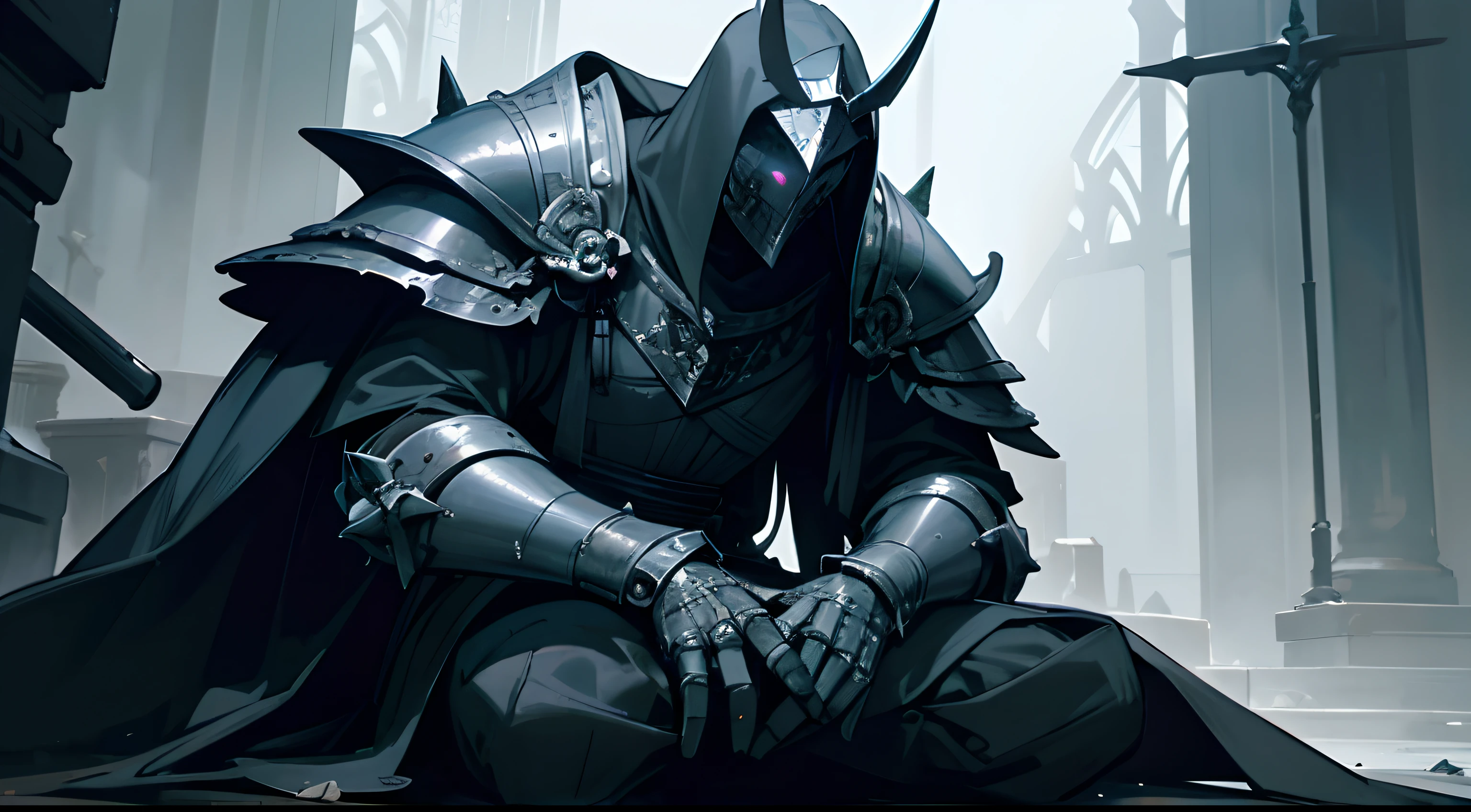 Masterpiece, best quality, detailed, trending on artstation, 1man, knight, deathknight, oathbreaker, dark, full plated, great helm, spiked pauldrons, skull chestplate, silvery details on armor, belts, greaves, leather leggings, corrupted greatsword, praying, on knees, destroyed church, dim ambiance, ambiance light, night