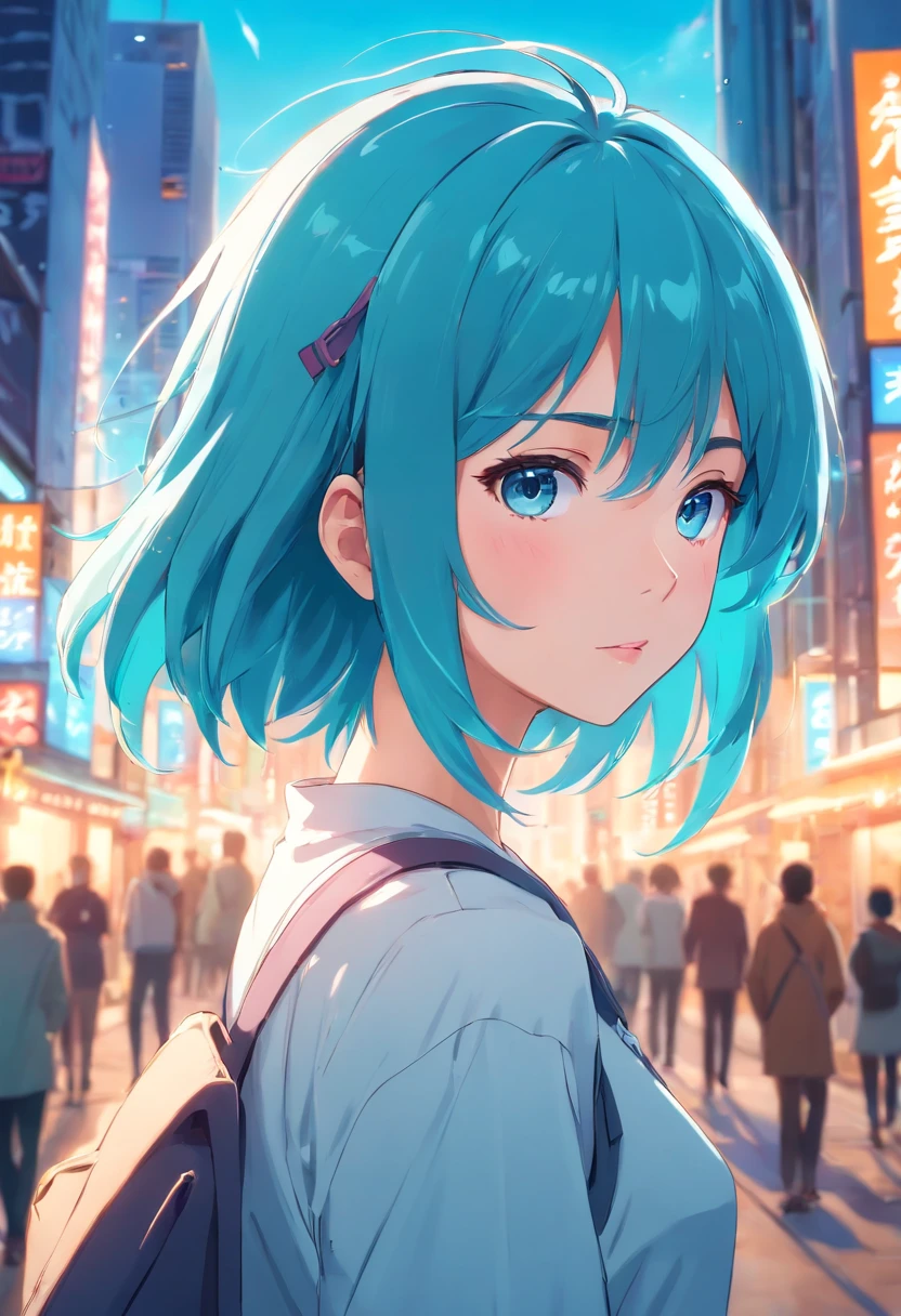 Anime girl with blue hair and blue eyes in the city, anime style 4 k, anime wallpaper 4k, anime wallpaper 4 k, anime art wallpaper 4k, anime art wallpaper 4k, Anime art wallpaper 8k, 4k anime wallpaper, 4 k manga wallpaper, best anime 4k konachan wallpaper, ultra hd anime wallpaper, Anime girl with teal hair