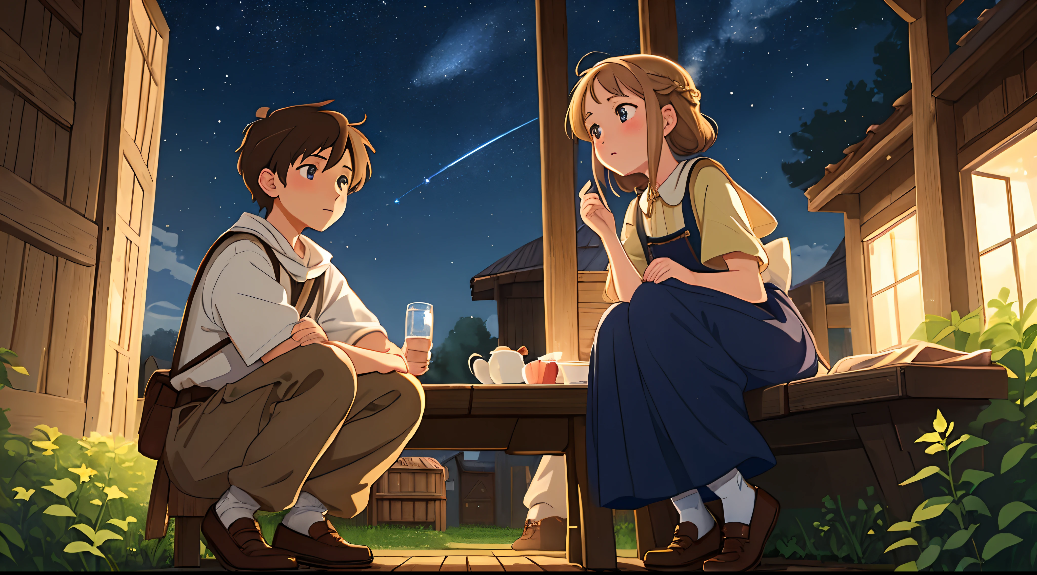 ((masterpiece)), ((best quality)), high quality, (detailed), 1boy,1girl and 1 younger peasant boy, brown hair, brown eyes, sad, wearing shoes and 1 younger peasant girl , blonde, blue eyes, wearing shoes, Starry sky, Sparse light, Night, anime