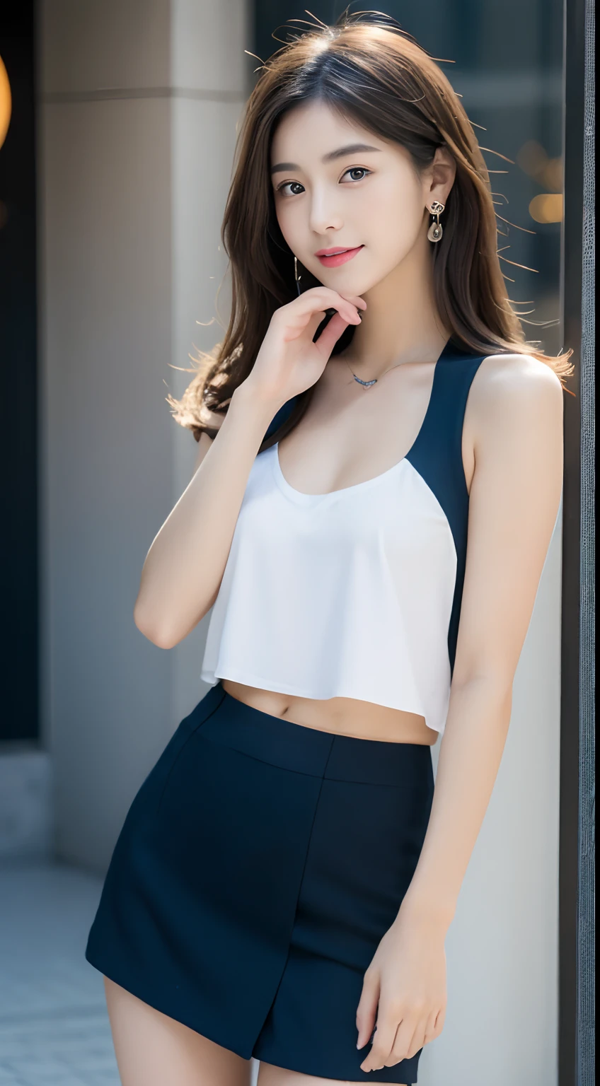 ((Top Quality, 8k, Masterpiece: 1.3)), Sharp Focus: 1.2, Perfect Body Shape Pretty Woman: 1.4, Slender Abs: 1.2, ((Layered Haircut, Big: 1.6)), (Ultra Mini Skirt: 1.2), (Street: 1.2), Highly Detailed Face and Skin Texture, Detailed Eyes, Double Eyelids, Smile, Bokeh,
