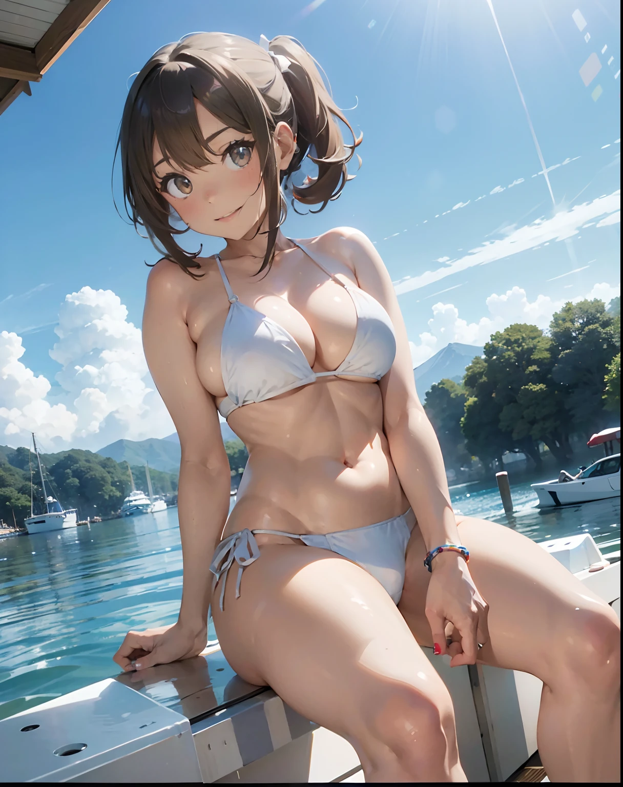 arafed woman in a white bikini sitting on a boat, wearing a white bikini, white bikini, ana de armas, in bikini, on a boat, in a bikini, on a lake, is wearing a swimsuit, julia fuentes, on a boat on a lake, yelena belova, charli xcx, lorena avarez, karla ortiz