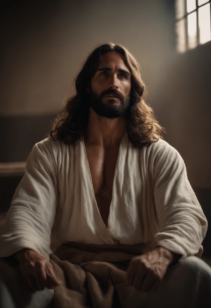 Retrato jesus, barba longa, corpo inteiro, corpo definido, corpo forte, big arms