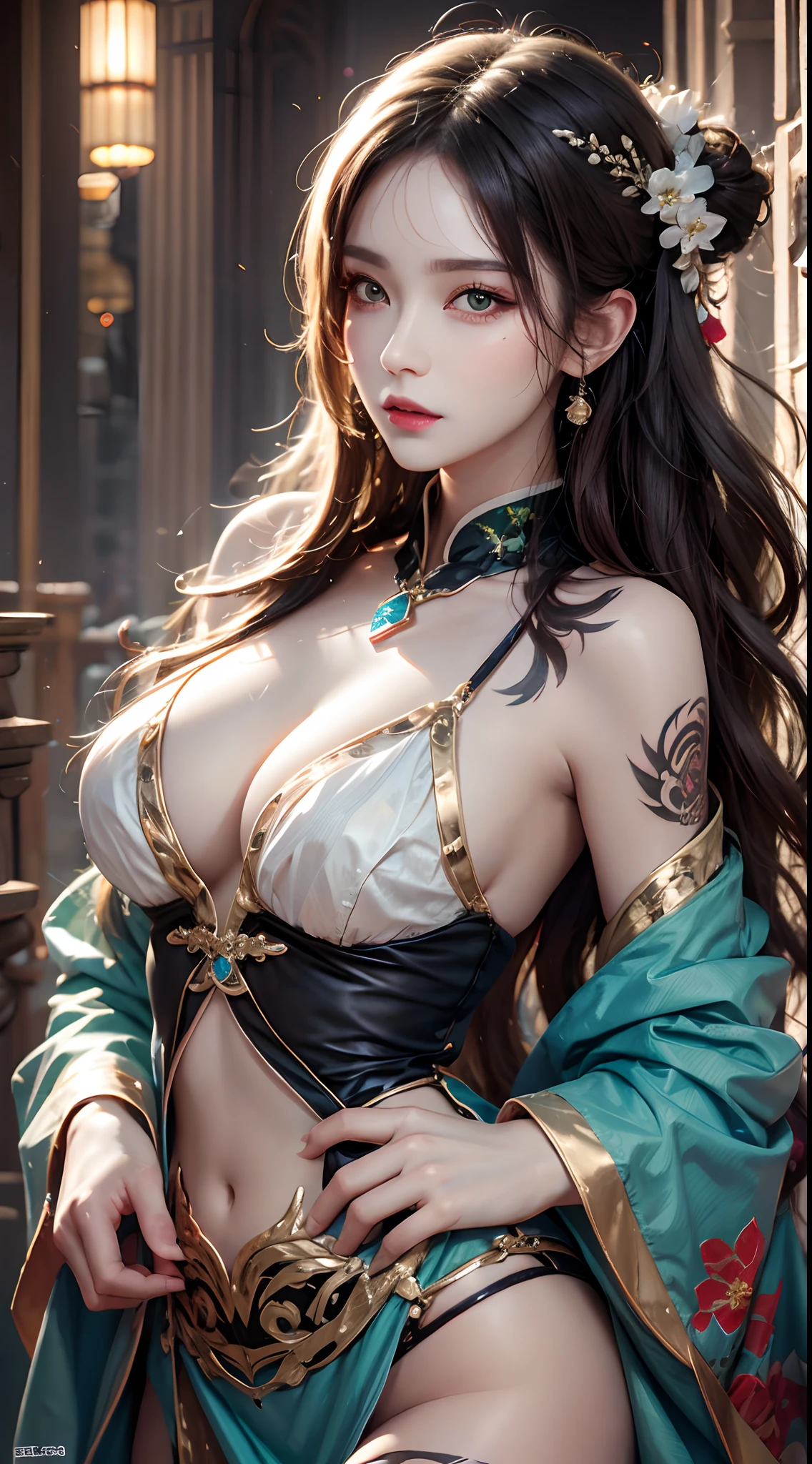 photorealistic, high resolution, 1women, solo, hips up, jewelry, tattoo, wavy hair, hanfu