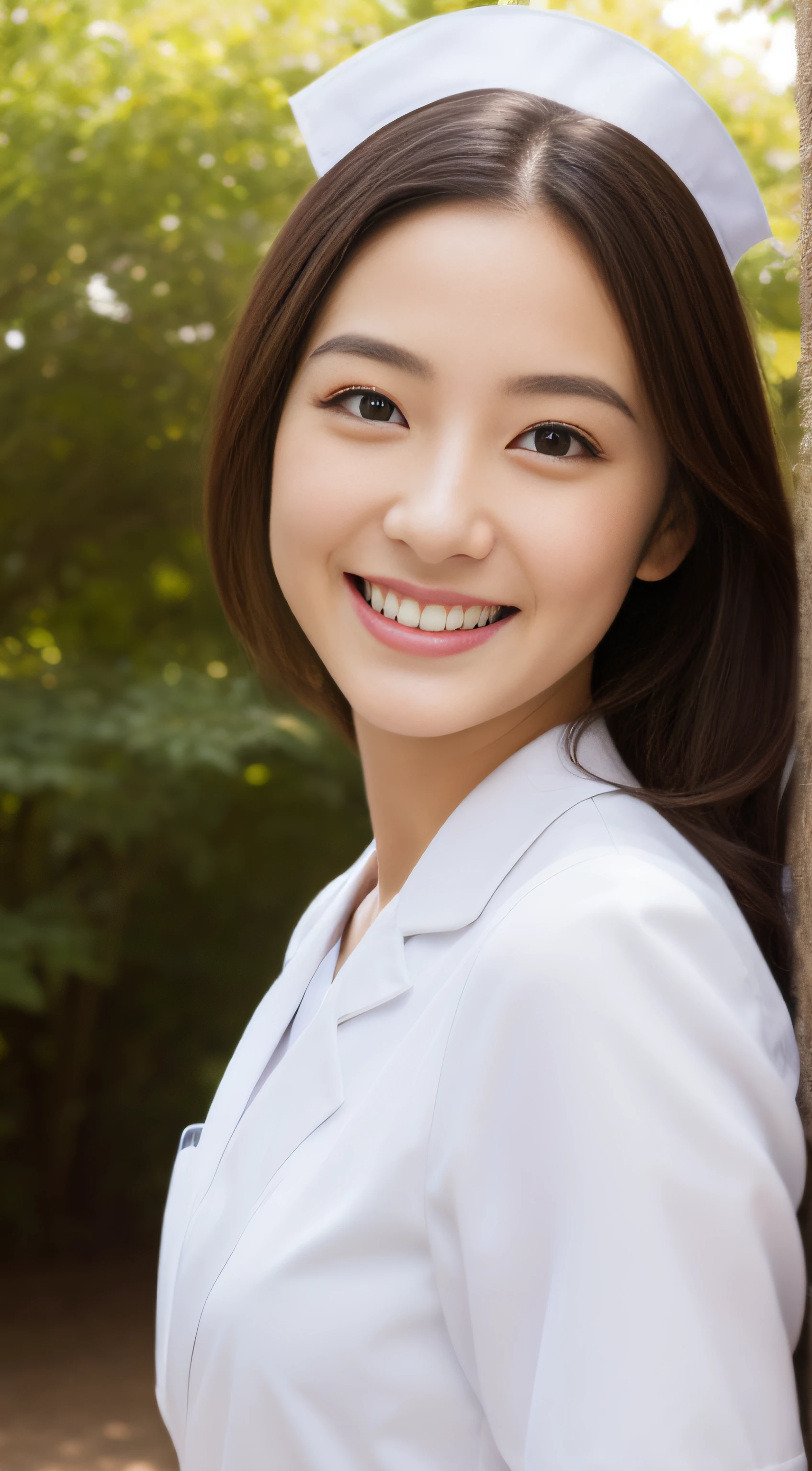 Miss Cabaret、White nurse uniform、hiquality、A hyper-realistic、healthy、Smiling expression、Slender perfect figure、Japan beauties、beautidful eyes、face perfect、Beautiful skin、a park、Contre-Jour