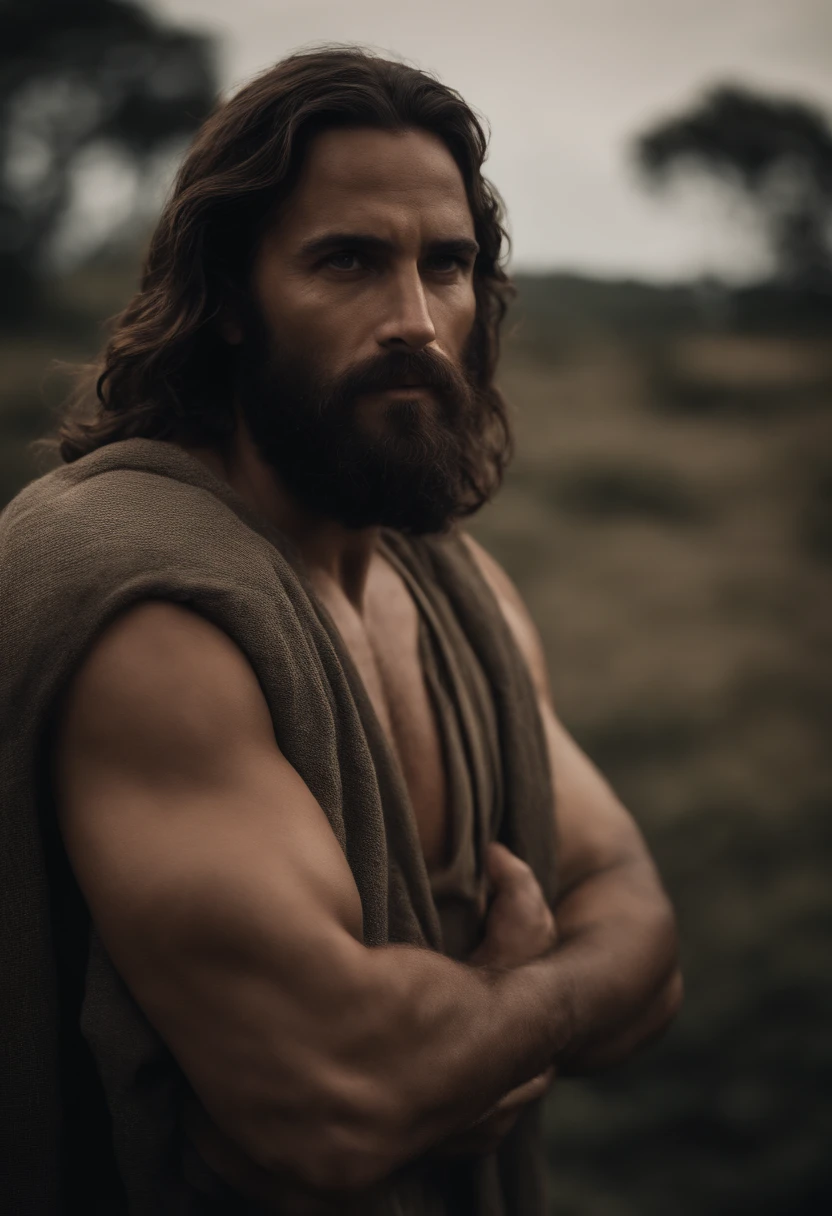 Retrato jesus, barba longa, corpo inteiro, corpo definido, corpo forte, big arms, ajudando pessoas, profundidade de campo