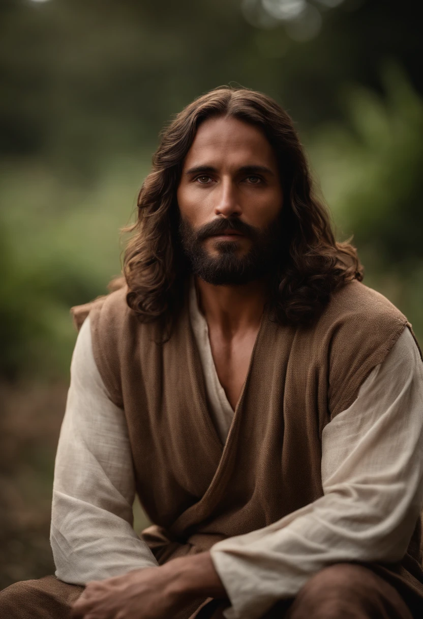 Retrato jesus, barba longa, corpo inteiro, corpo definido, corpo forte, big arms, ajudando pessoas, profundidade de campo