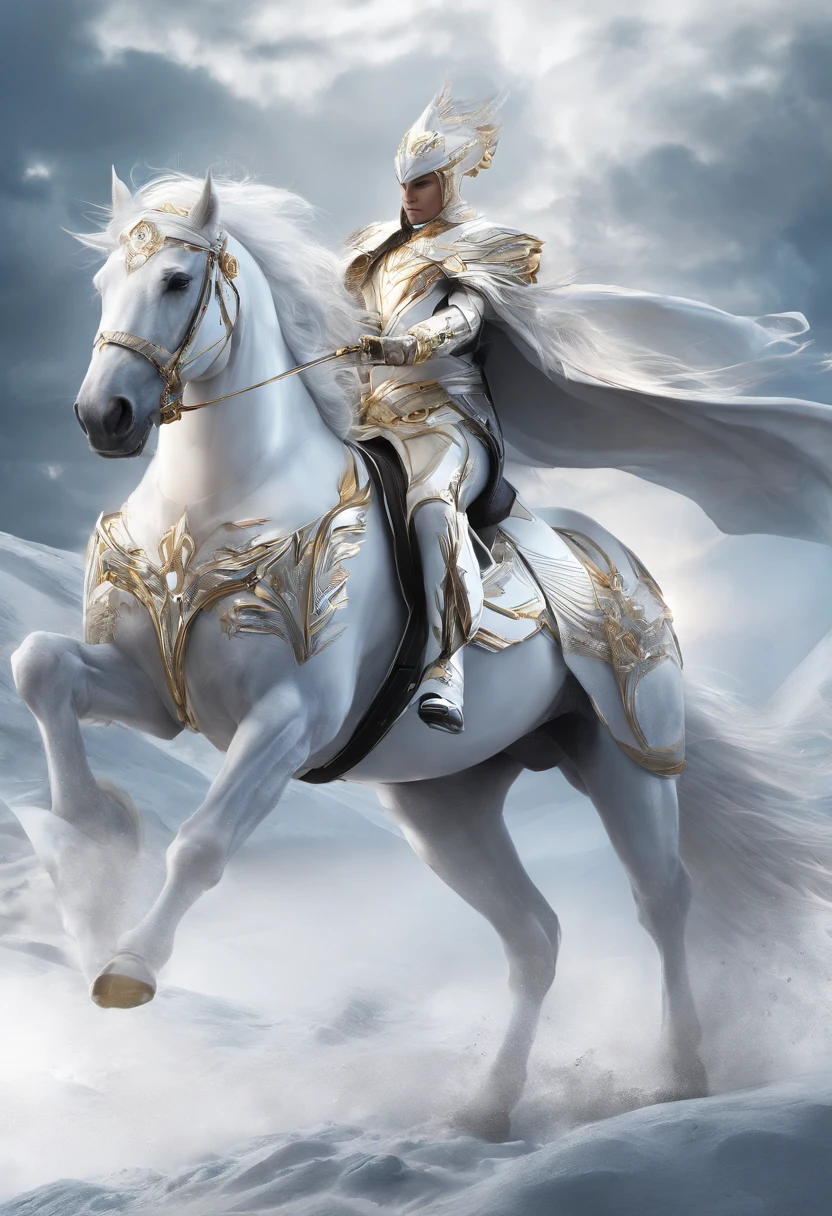 I looked, and in front of me was a white horse. Its rider wielded a bow, and he was given a crown; he rode like a victor determined to win. REALISTIC, 8K