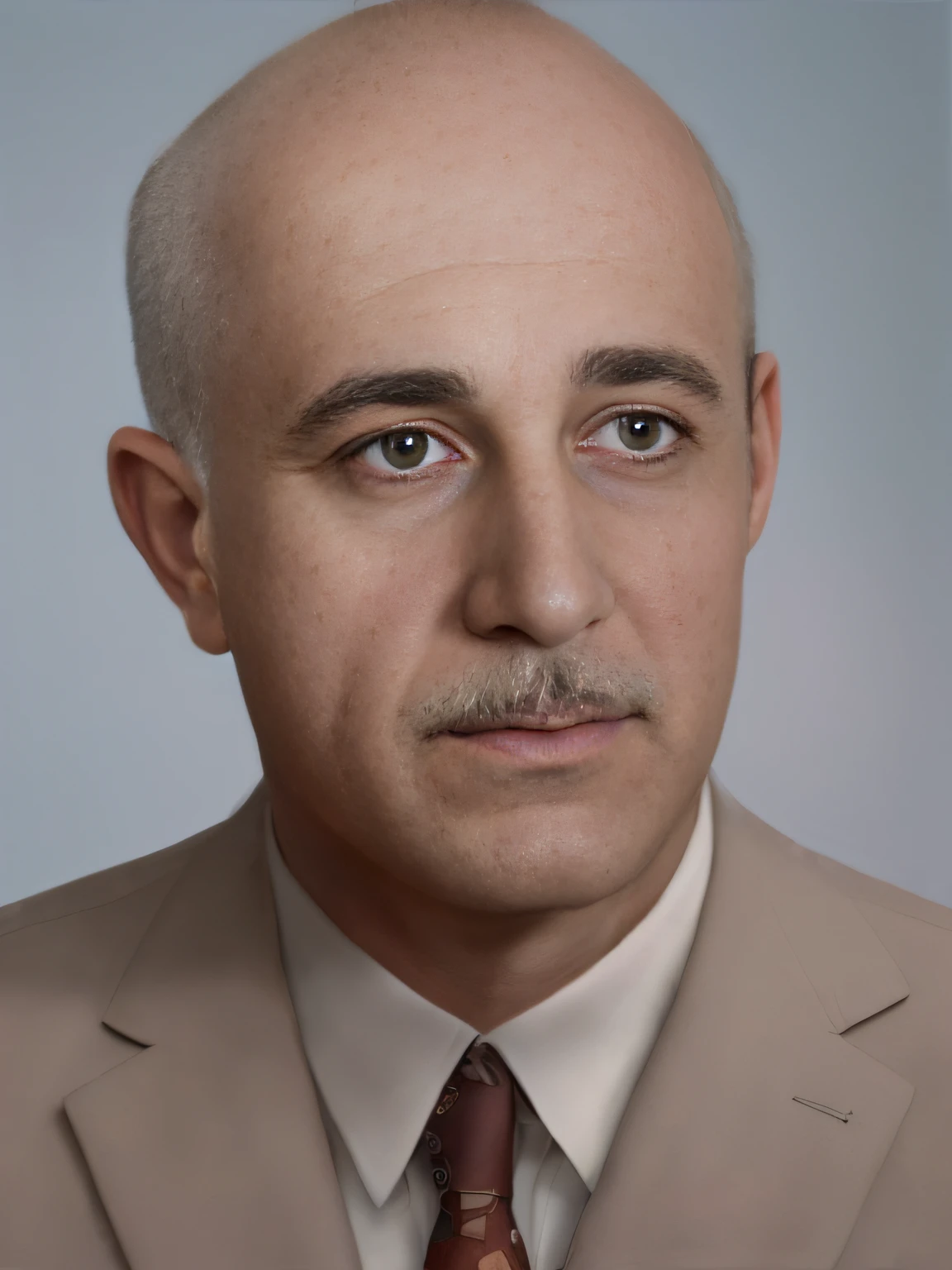 transform this image in a modern photo. Young and soft skin. Produce a result that is as realistic as possible, highly realistic. Align the tie. Improve image focus. Make skin with hyperrealistic texture. Make skin with great young skin texture, fix hair, fix clothes, Make high definition image. 8k. Highly detailed VFX portrait. Transform this old photo into a modern photo, with a high level and maximum realism. Perfect suit. Perfect tie. Realistic suit. Realistic tie. Preserve his mustache, with realistic threads.