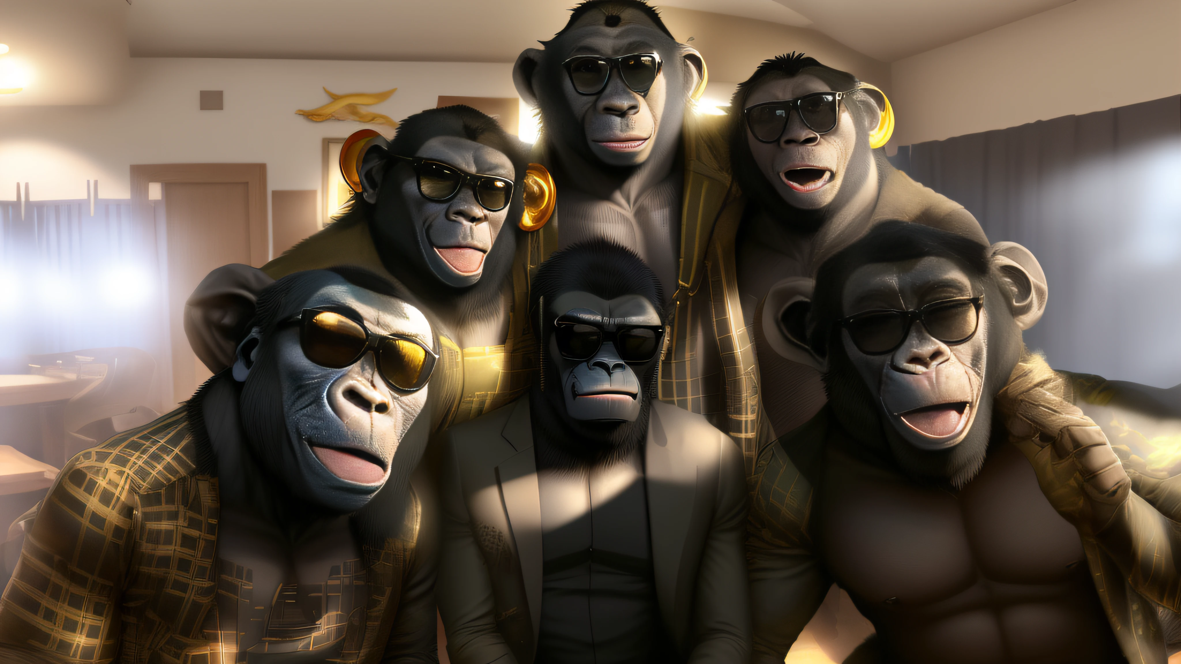 Wear sunglasses、Alafed group of gorillas standing in a room, gorilla, They are all、Looks happy, wearing shades, Very happy expression,  Lunette de soleil、Very realistic、An ultra-high picture quality