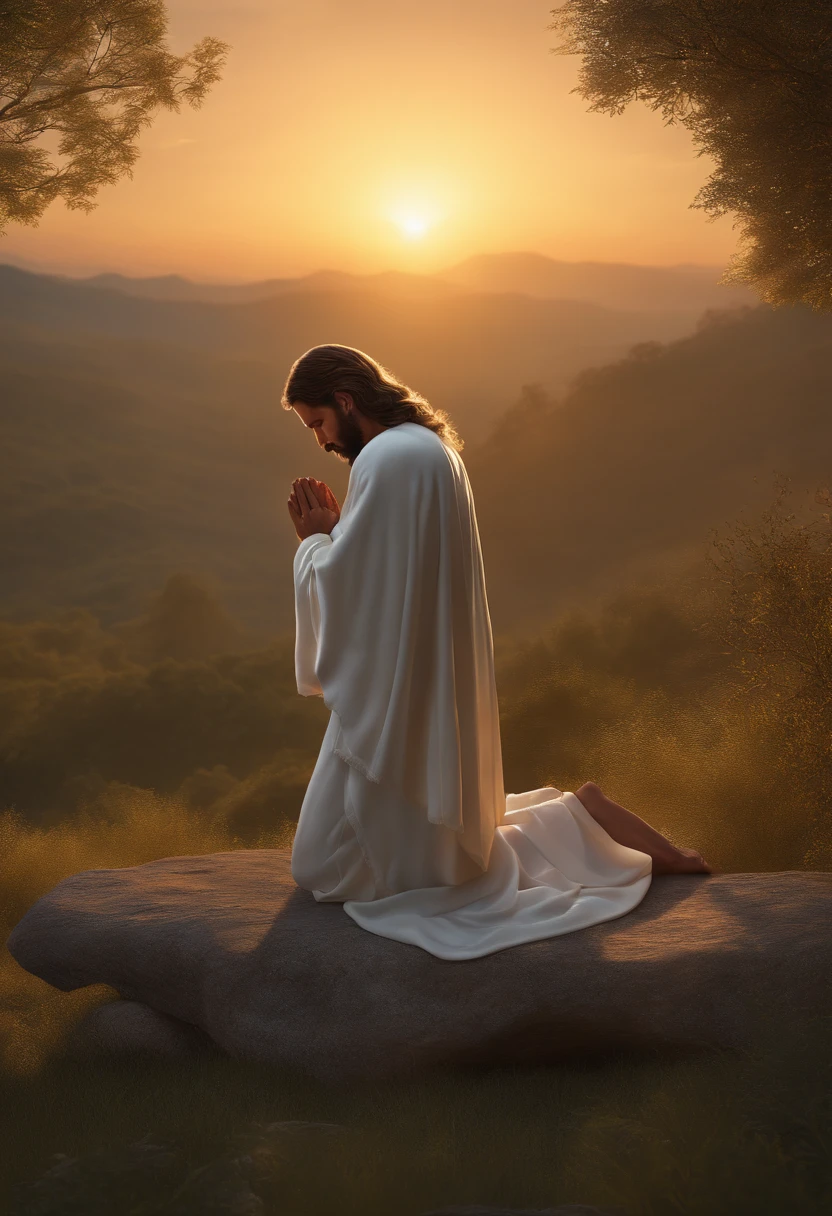 Jesus praying on his knees at dawn., ultra hd, realistic, vivid colors, highly detailed, UHD drawing, pen and ink, perfect composition, beautiful detailed insanely detailed octane render trending on artstation, 8k artistic photography, photorealistic concept art,