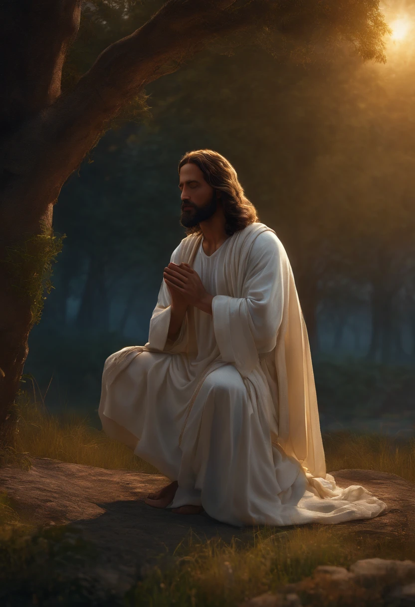Jesus praying on his knees at dawn., ultra hd, realistic, vivid colors, highly detailed, UHD drawing, pen and ink, perfect composition, beautiful detailed insanely detailed octane render trending on artstation, 8k artistic photography, photorealistic concept art,
