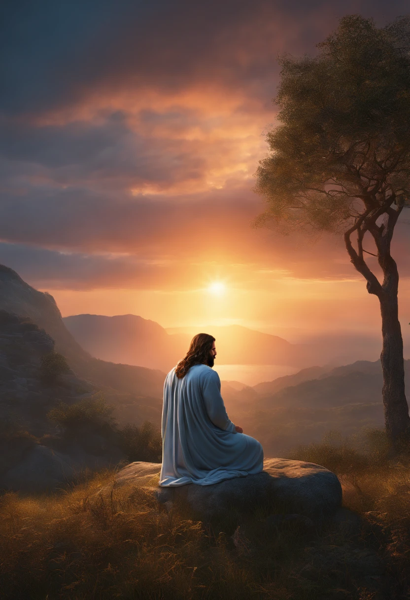 Jesus praying on his knees at dawn., ultra hd, realistic, vivid colors, highly detailed, UHD drawing, pen and ink, perfect composition, beautiful detailed insanely detailed octane render trending on artstation, 8k artistic photography, photorealistic concept art,