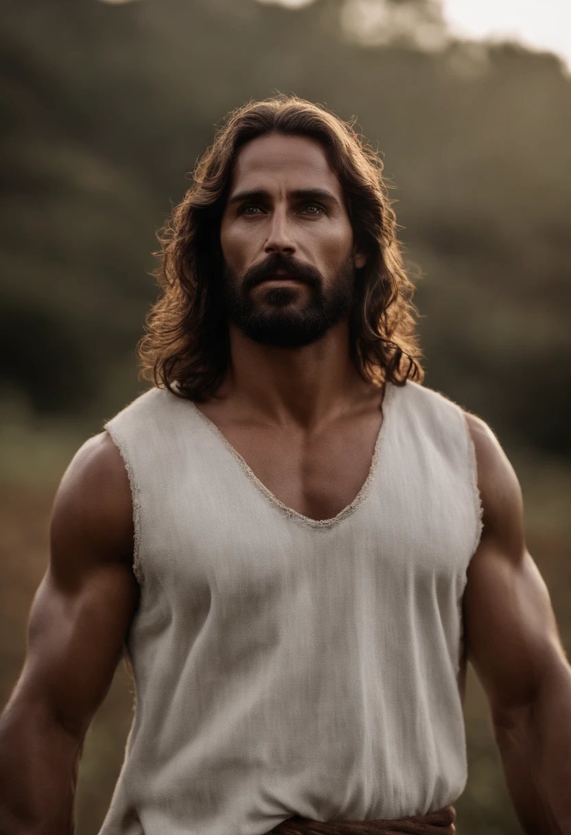 Jesus, muscular body, torn shirt, in a forest, penumbra, high detail face