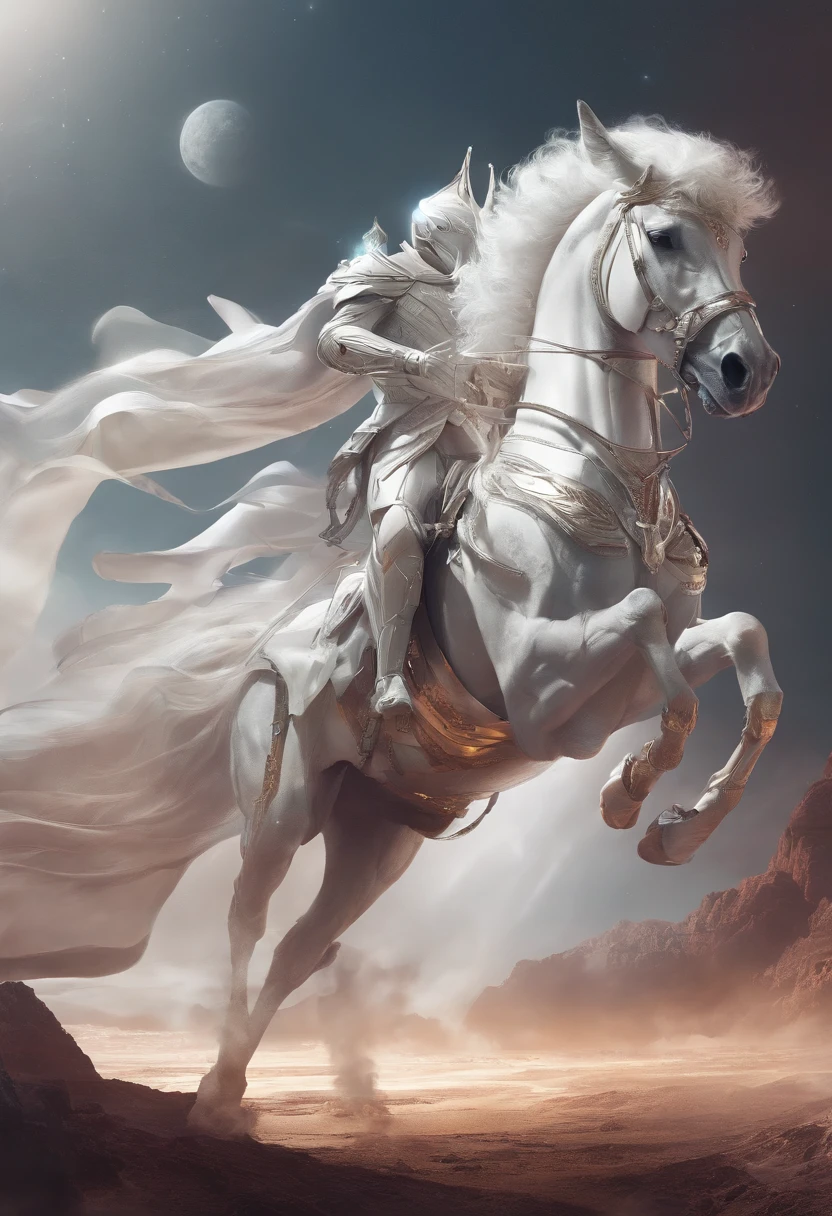 a white horse, Its rider wielded a bow, and was given a crown; he rode like a winner determined to win, REALISTIC, 8K