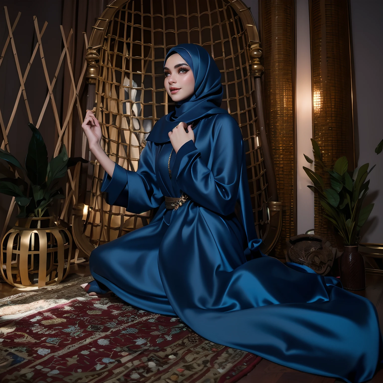 3dmm style, Masterpiece, best quality, photography, detailed skin, realistic, photo-realistic, 3D Character Design, pixar, real cartoon, 8k, highly detailed, full length frame, High detail RAW color art, diffused soft lighting, shallow depth of field, sharp focus, hyperrealism, cinematic lighting, ((close up)) hijab, a woman, beautifully makeup, brown beautiful big eyes, long eye lashes, wearing (Dark blue satin hijab), loosely tide hijab style, ((gray satin kaftan dress))