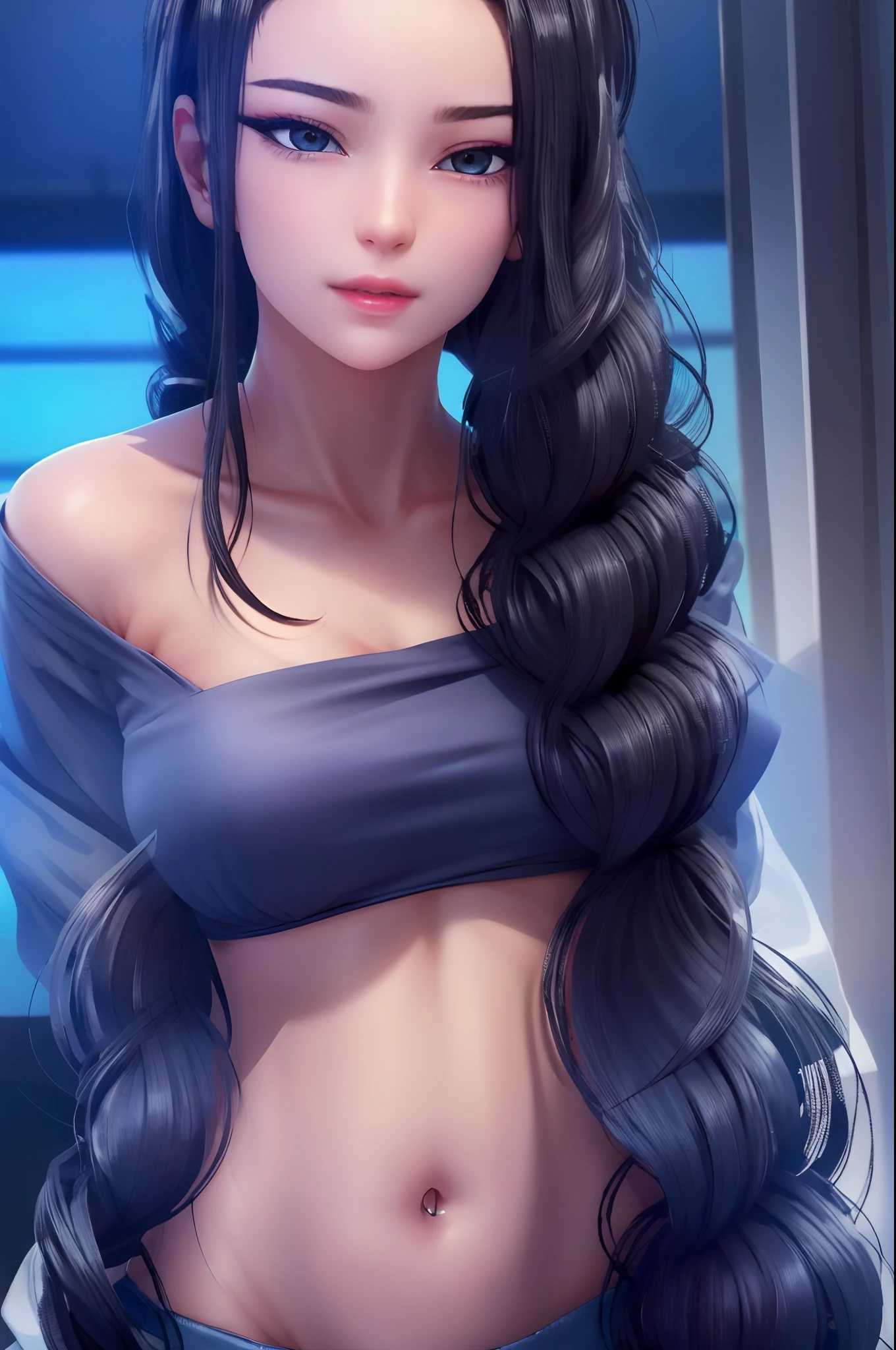 A girl, long hair, half picture, city, future, science fiction, black silk, shorts, night scene, midnight, blue light, neon, night, face close-up, delicate features, beautiful girl, beauty, charming,fashi-girl,red lips,realistic,makeup,