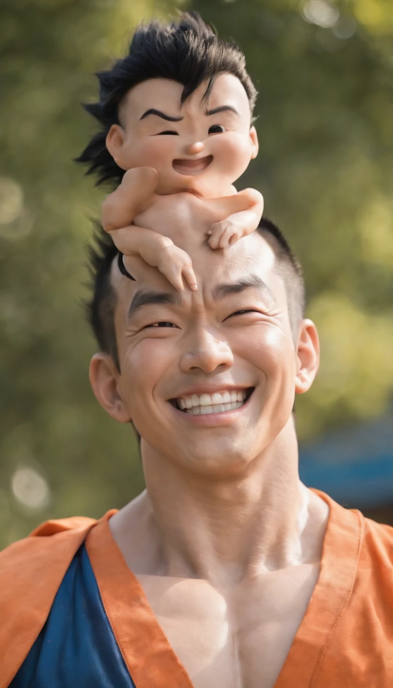 ((goku)),masterpiece, (((realistic, 8k, best quality))),realistic, asian male, smile, gi, orange gi,  dark blue short-sleeved undershirt,grin