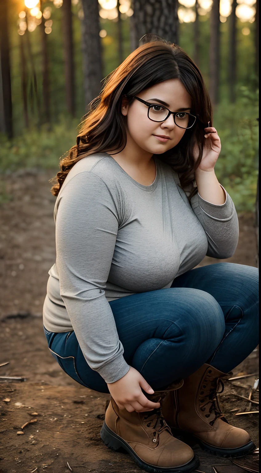 Cute chubby girl 30 years old, with lush disheveled brown thick hair;, with glasses on, with petite small pointed breasts, topless, thongs , in sapper boots;  Nature, Sundown, campfire, shashlik; pacification, stillness, rest, full body photographed, high quality textures, higly detailed, realistness