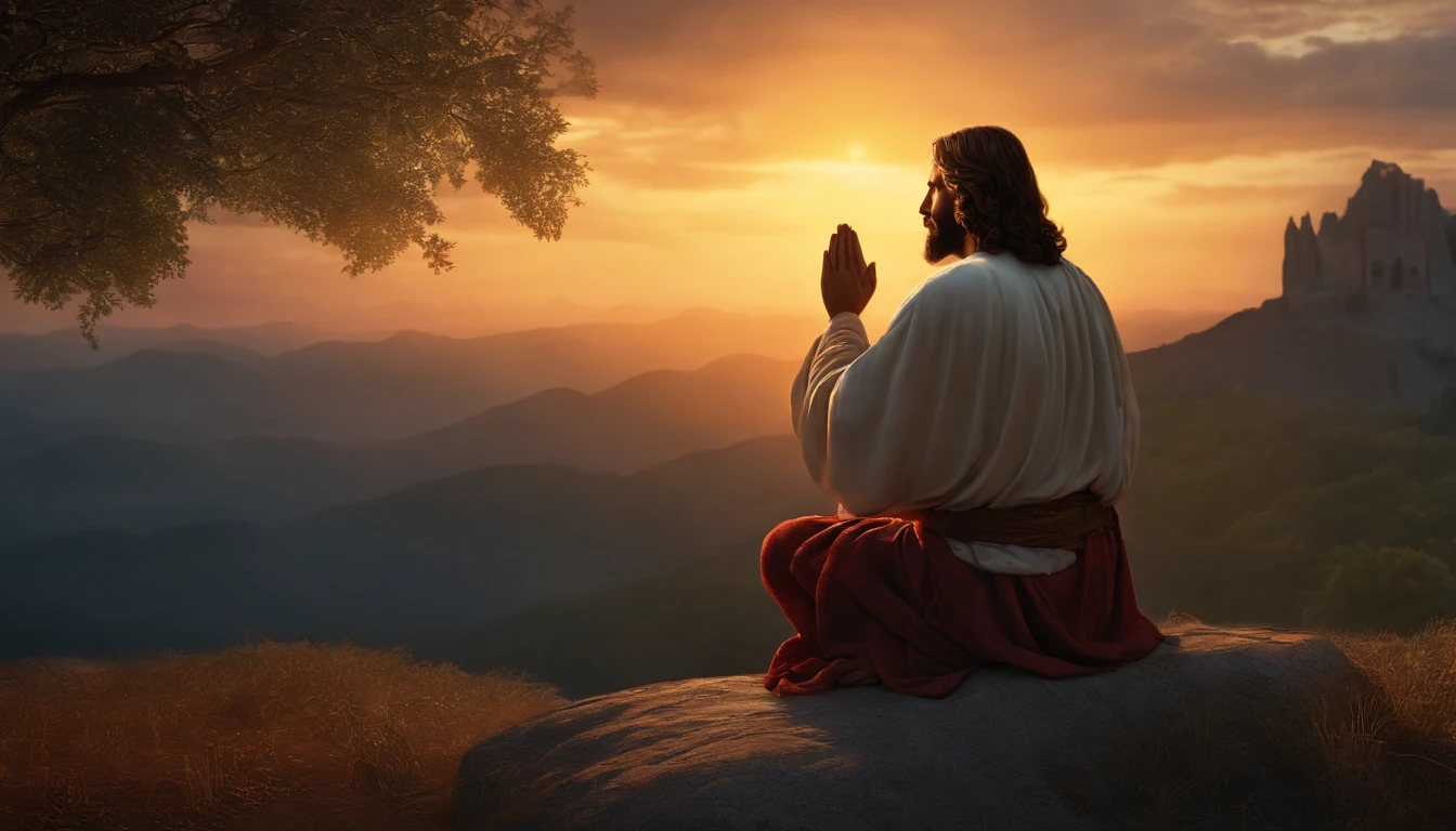 Jesus praying on his knees at dawn., ultra hd, realistic, vivid colors, highly detailed, UHD drawing, pen and ink, perfect composition, beautiful detailed insanely detailed octane render trending on artstation, 8k artistic photography, photorealistic concept art,