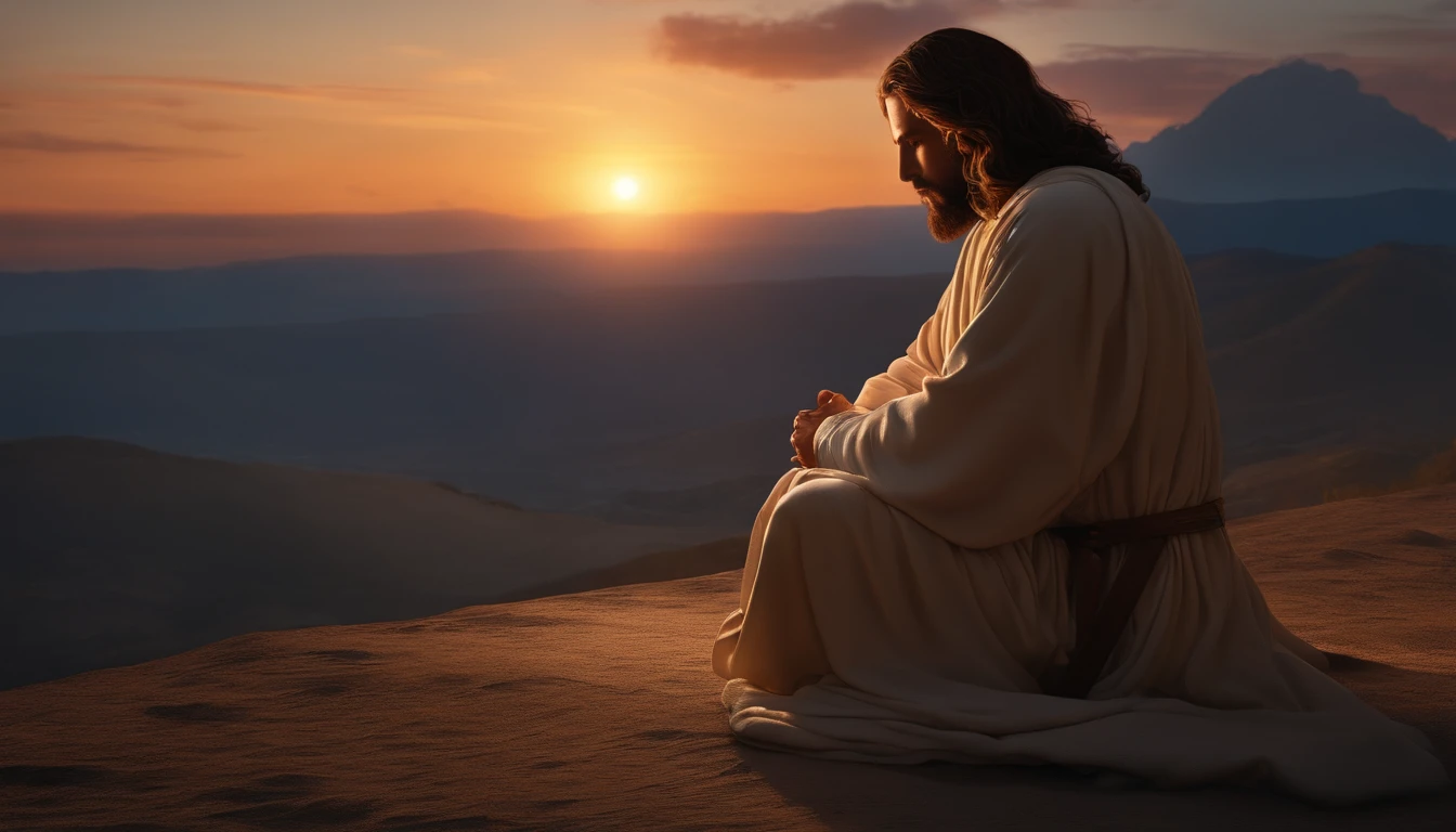 Jesus praying on his knees at dawn., ultra hd, realistic, vivid colors, highly detailed, UHD drawing, pen and ink, perfect composition, beautiful detailed insanely detailed octane render trending on artstation, 8k artistic photography, photorealistic concept art,