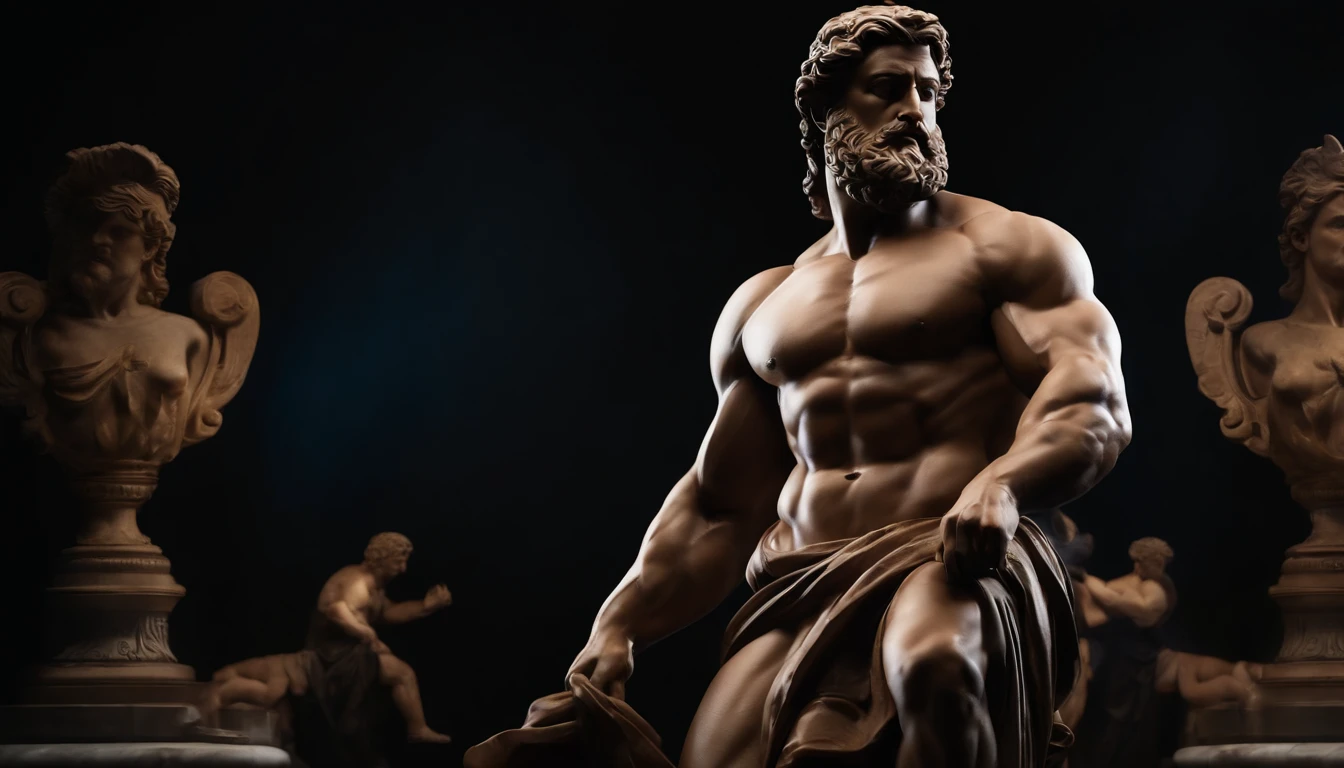 Stoic Greek statue Hercules style with muscles highlighted dark background