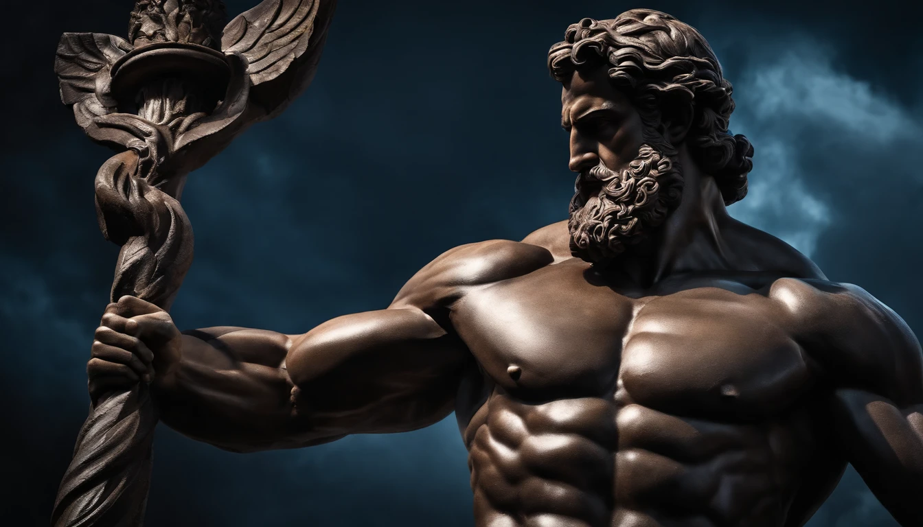 Stoic Greek statue Hercules style with muscles highlighted dark background