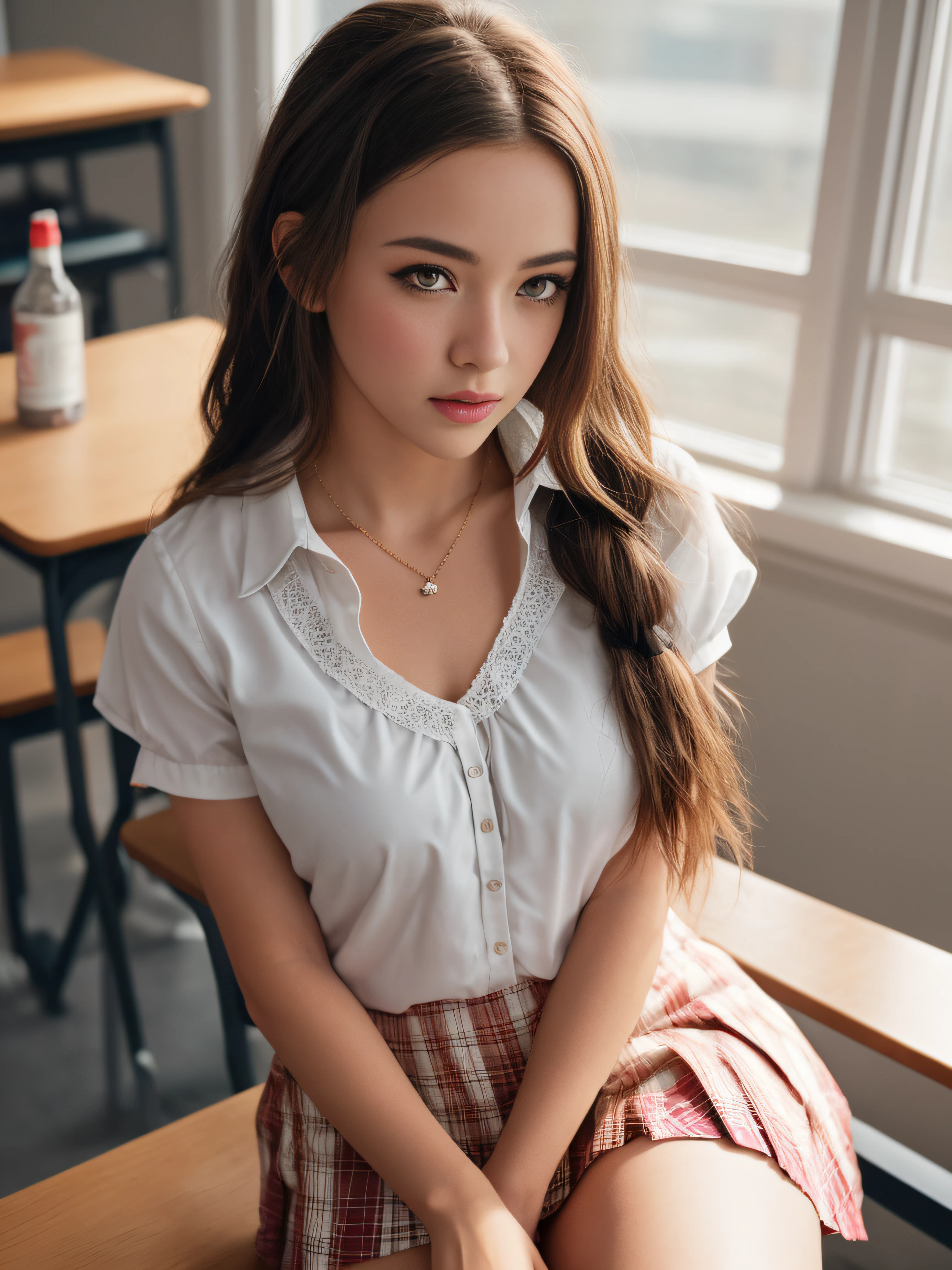 At school, in the classroom, look perverted, sexual libido high, a stunningly beautiful schoolgirl without make-up, 14 years old, brunette, brown eyes, brown hair, braid combed in a ponytail, sexy, schoolgirl uniform, blue v-neck blouse with lace and neckline, white short skirt with pleats and butterfly patterns, grey knee-high stockings with diamond patterns, black bow, extremely detailed light hazel eyes, detailed symmetric realistic face, extremely detailed natural skin texture, peach fuzz, messy hair, masterpiece, absurdres, nikon d850 film stock photograph, kodak portra 400 camera f1.6 lens, extremely detailed, amazing, fine detail, rich colors, hyper realistic lifelike texture, dramatic lighting, cinestill 800 tungsten, raw photo, high quality, highres, sharp focus, extremely detailed, cinematic lighting, 8k uhd