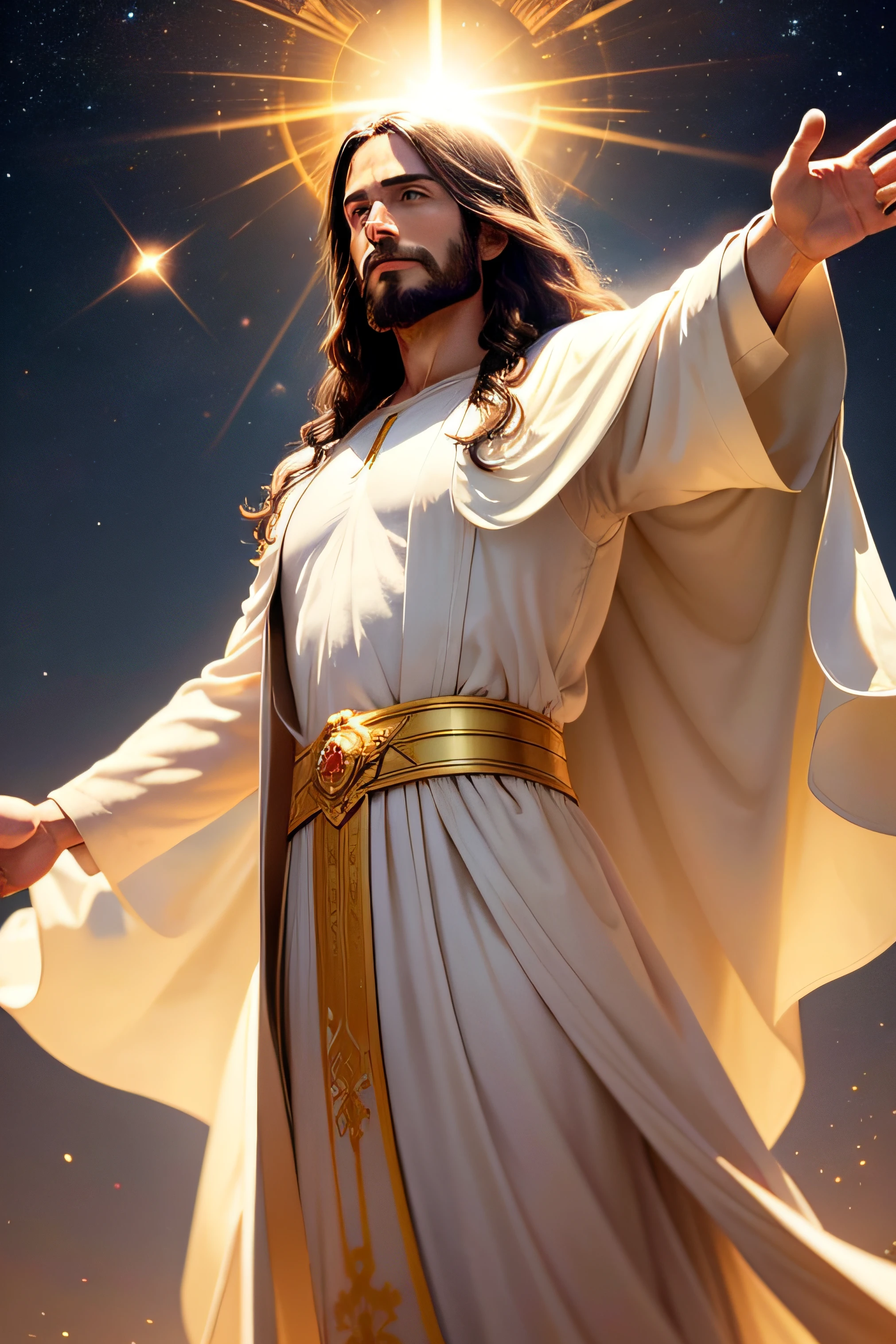 Jesus Christ standing, de costas para o observador, in a dazzling celestial setting. He has open arms, forming a wide angle in a gesture of welcome and love. The figure of Jesus is shrouded in a golden light emanating from Him, illuminating the scenery around you. He wears an immaculate white robe that seems to shine with a divine purity.