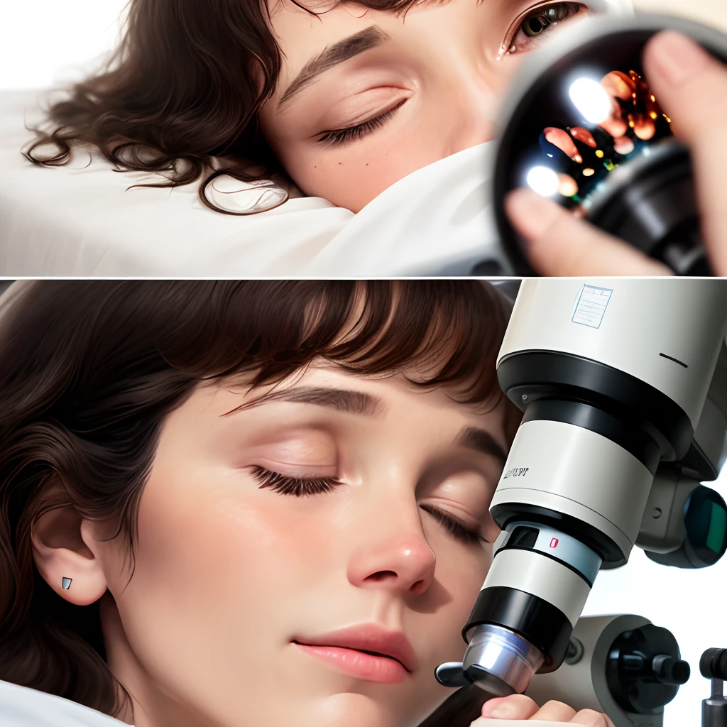 first is a woman looking at a microscope inside a laboratory. Then beside it is the zooming of the eye piece of a microscope towards a white circular gene with a snoring and sleeping face on a bed covered with red bed sheet