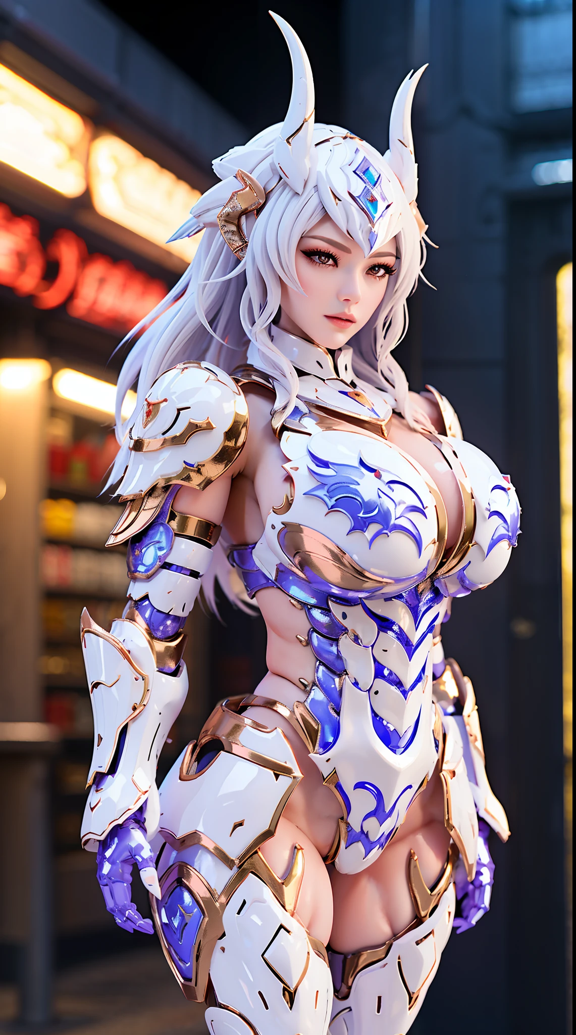 SILVER DRAGON QUEEN, HUGE BOOBS, DRAGON HEAVY ARMOR, TRANSPARANT, STANDING, THICK BODY, MUSCLE ABS.