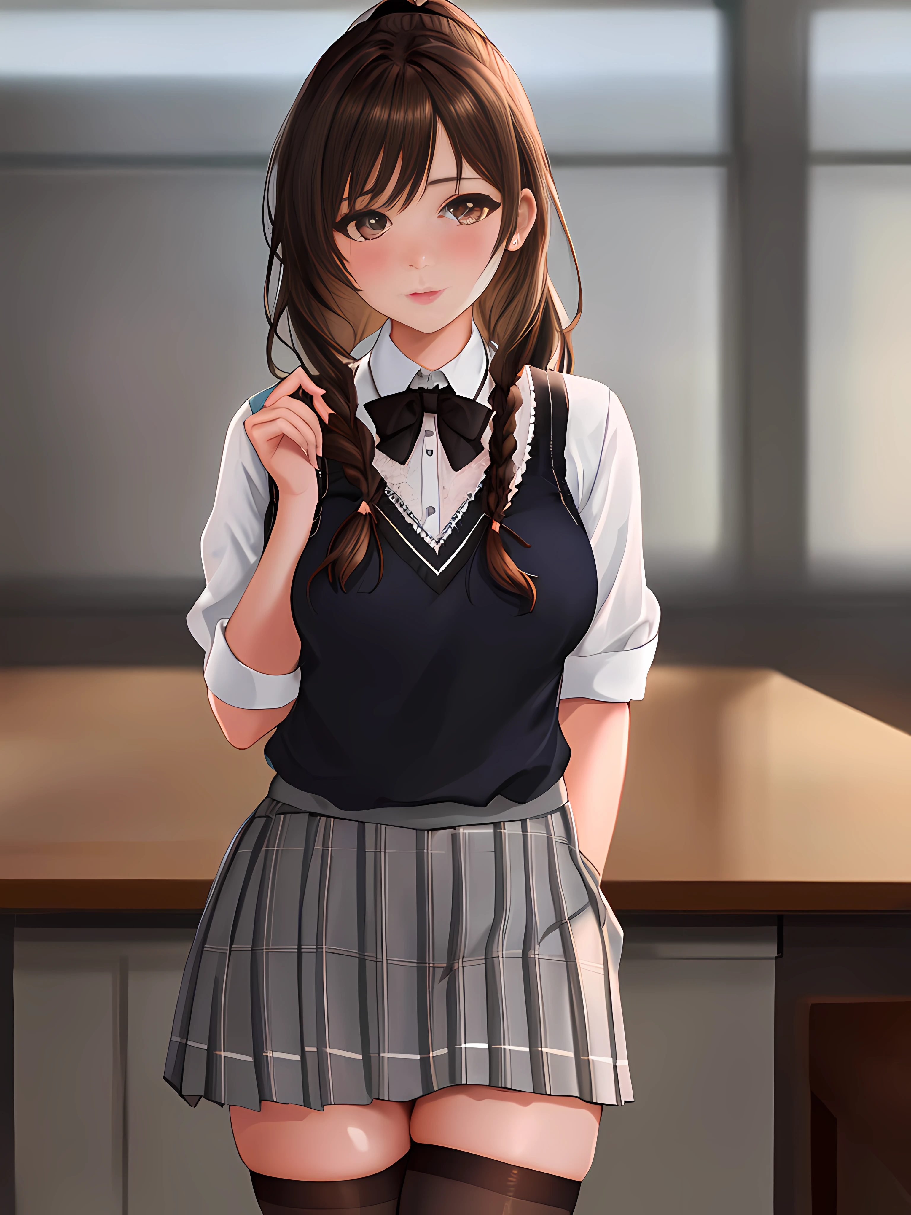 At school, in the classroom, look perverted, sexual libido high, a stunningly beautiful schoolgirl without make-up, 17 years old, brunette, brown eyes, brown hair, braid combed in a ponytail, sexy, schoolgirl uniform, blue v-neck blouse with lace and neckline, white short skirt with pleats and butterfly patterns, grey knee-high stockings with diamond patterns, black bow, extremely detailed light hazel eyes, detailed symmetric realistic face, extremely detailed natural skin texture, peach fuzz, messy hair, masterpiece, absurdres, nikon d850 film stock photograph, kodak portra 400 camera f1.6 lens, extremely detailed, amazing, fine detail, rich colors, hyper realistic lifelike texture, dramatic lighting, cinestill 800 tungsten, raw photo, high quality, highres, sharp focus, extremely detailed, cinematic lighting, 8k uhd