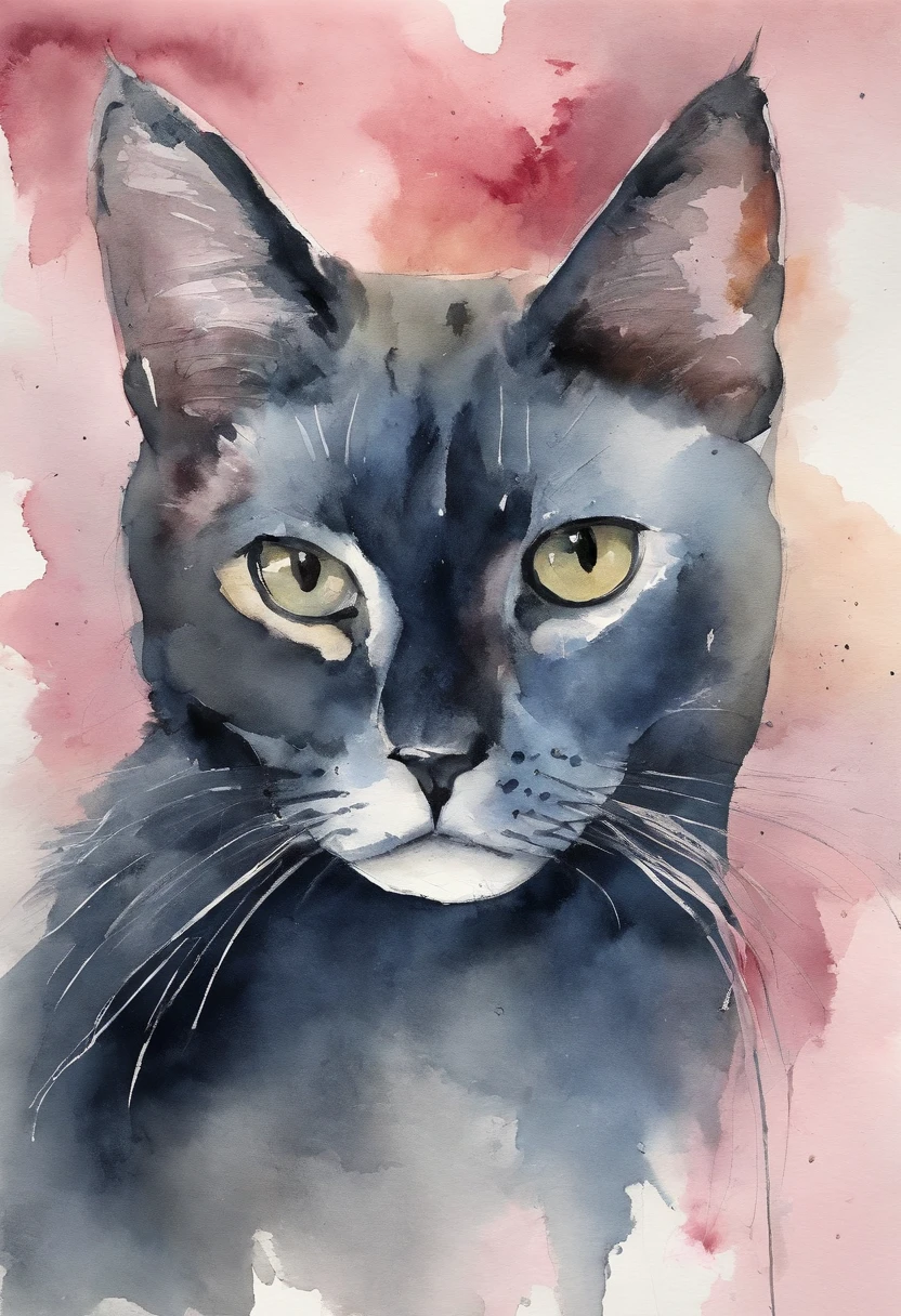 catss, Main color: Black, Secondary color blue, soft pink background, Artistic, Sophisticated, Warm style, Shapes include abstract cats, Playful form, Elegant work, Textures include fur textures, Smooth paint, The texture of the fabric, Lines contain beautiful lines, Natural curves, Refined silhouette, Elegant shape, Approachable, Expressive, Aesthetic.