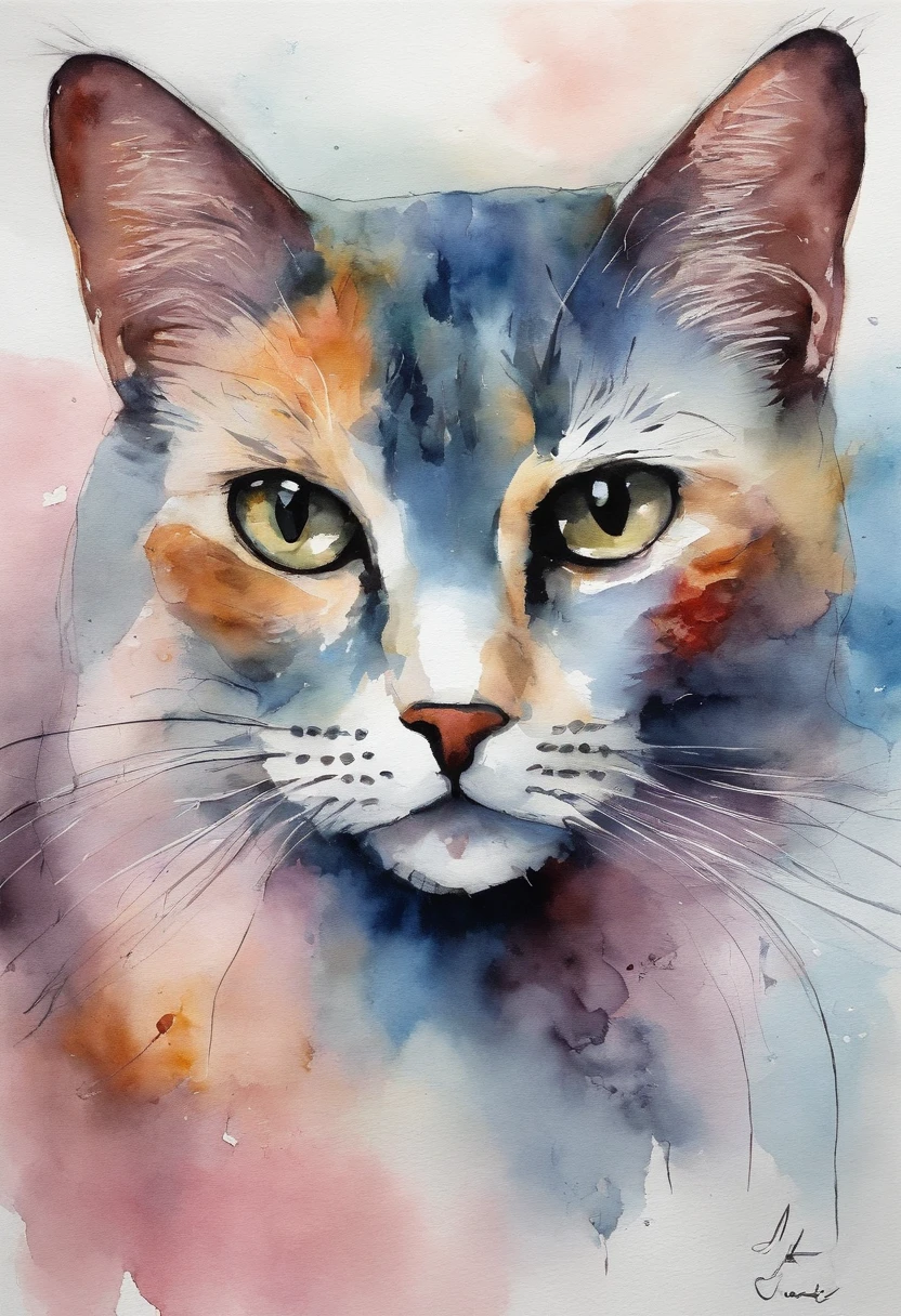 Painting of a cat with a yellow eye and a pink background - SeaArt AI
