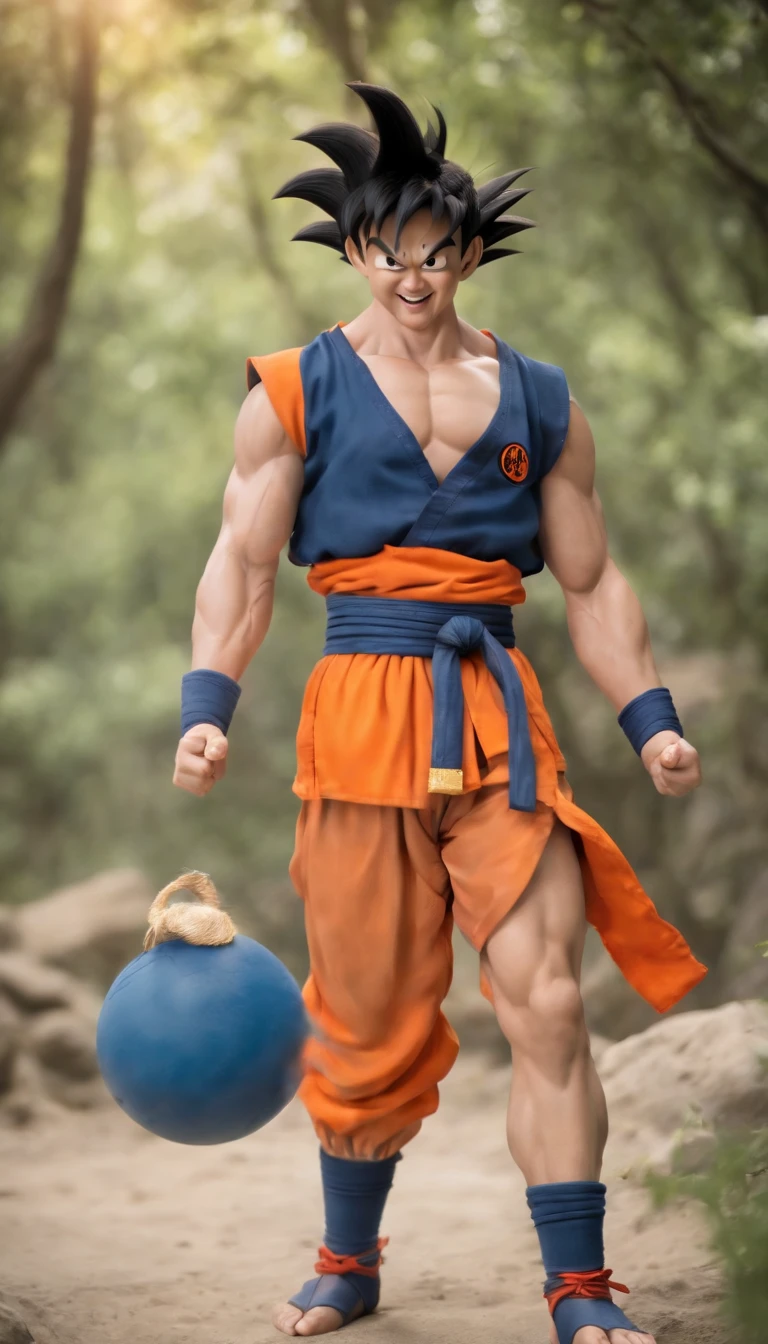 ((goku)),masterpiece, (((realistic, 8k, best quality))),realistic, asian male, smile, gi, orange gi,  dark blue short-sleeved undershirt,grin